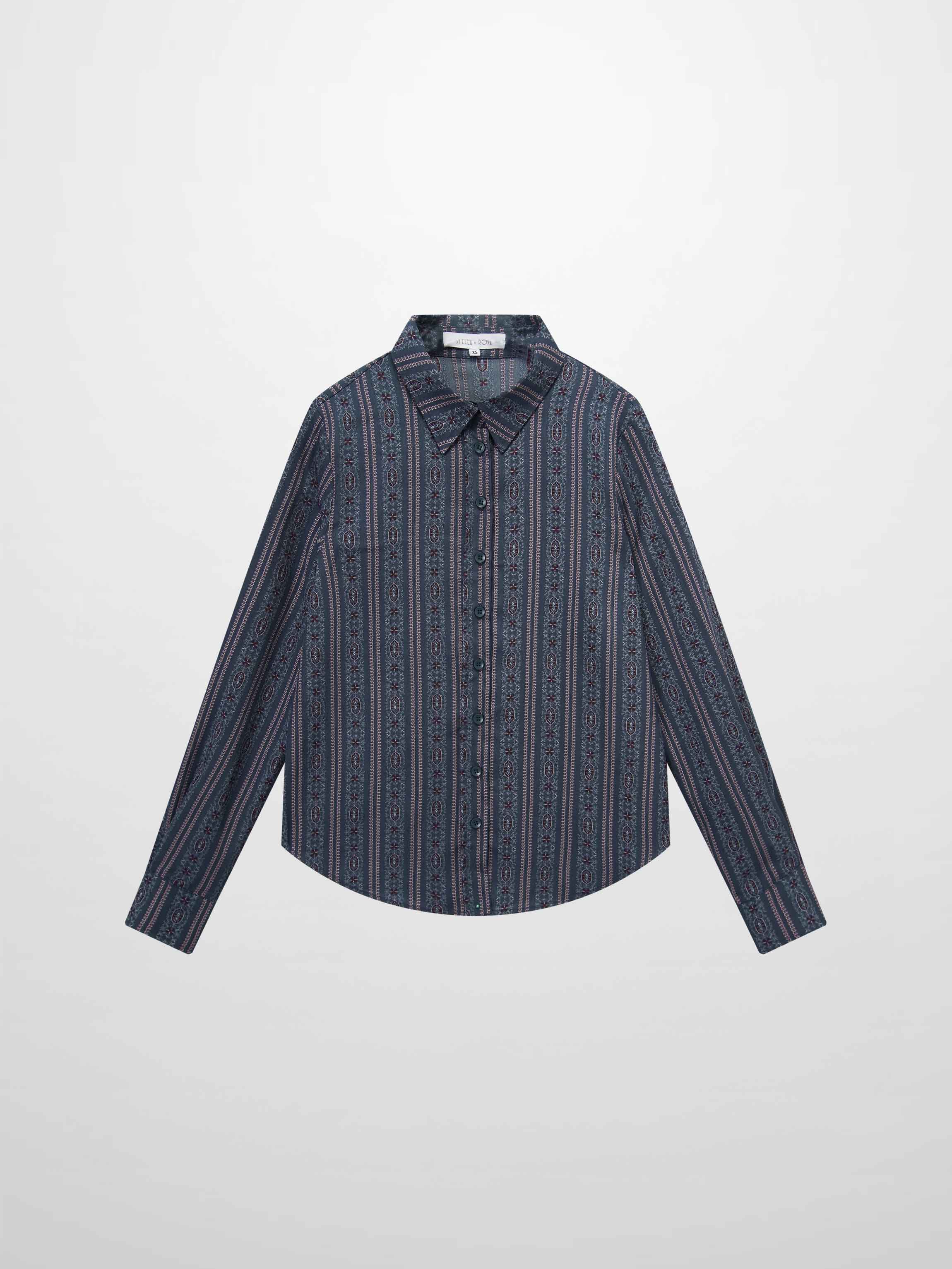 Button Down Blue Striped Medallion Flower Print Blouse for Women-1