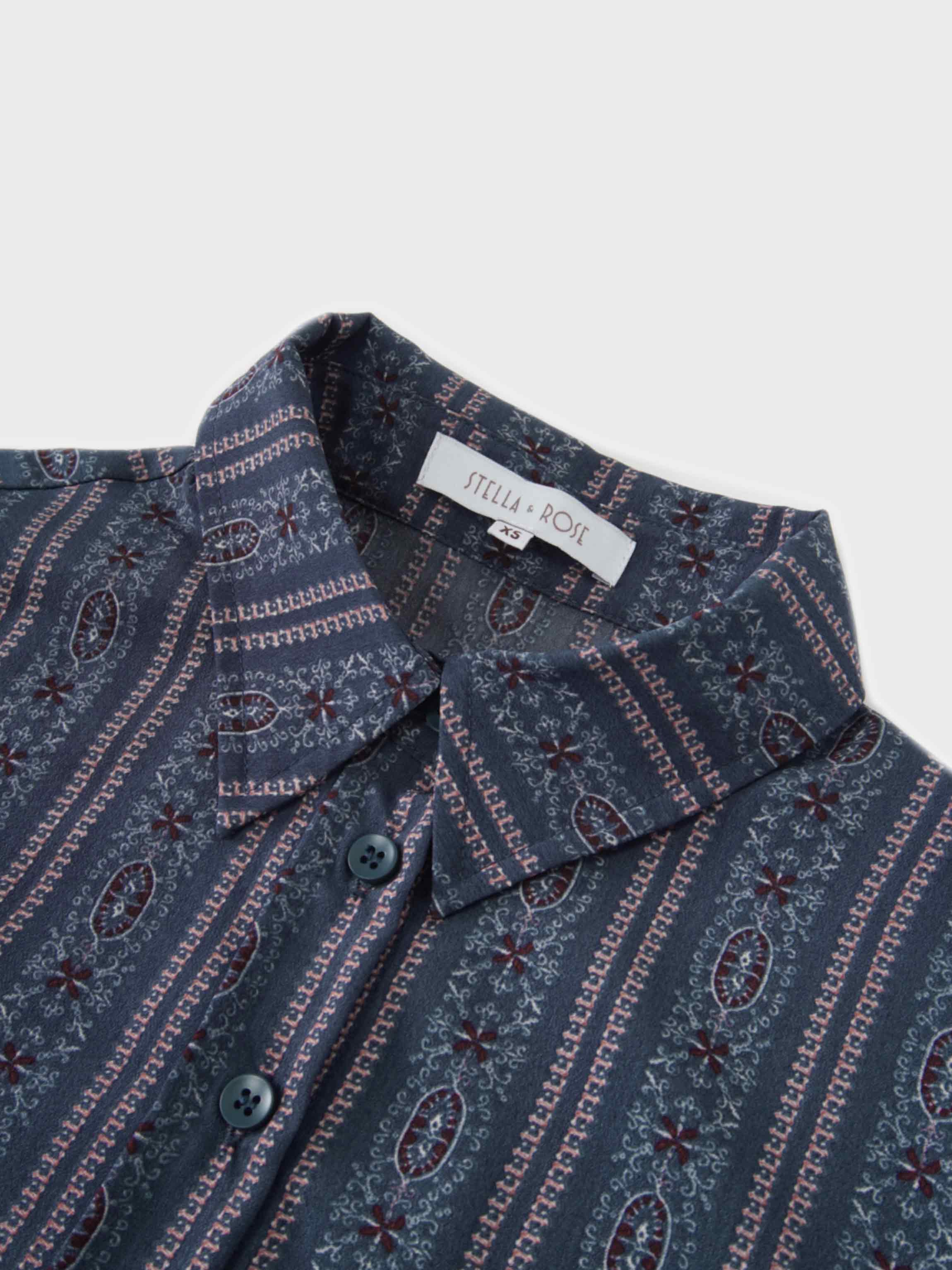 Button Down Blue Striped Medallion Flower Print Blouse for Women-3