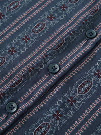 Button Down Blue Striped Medallion Flower Print Blouse for Women-4