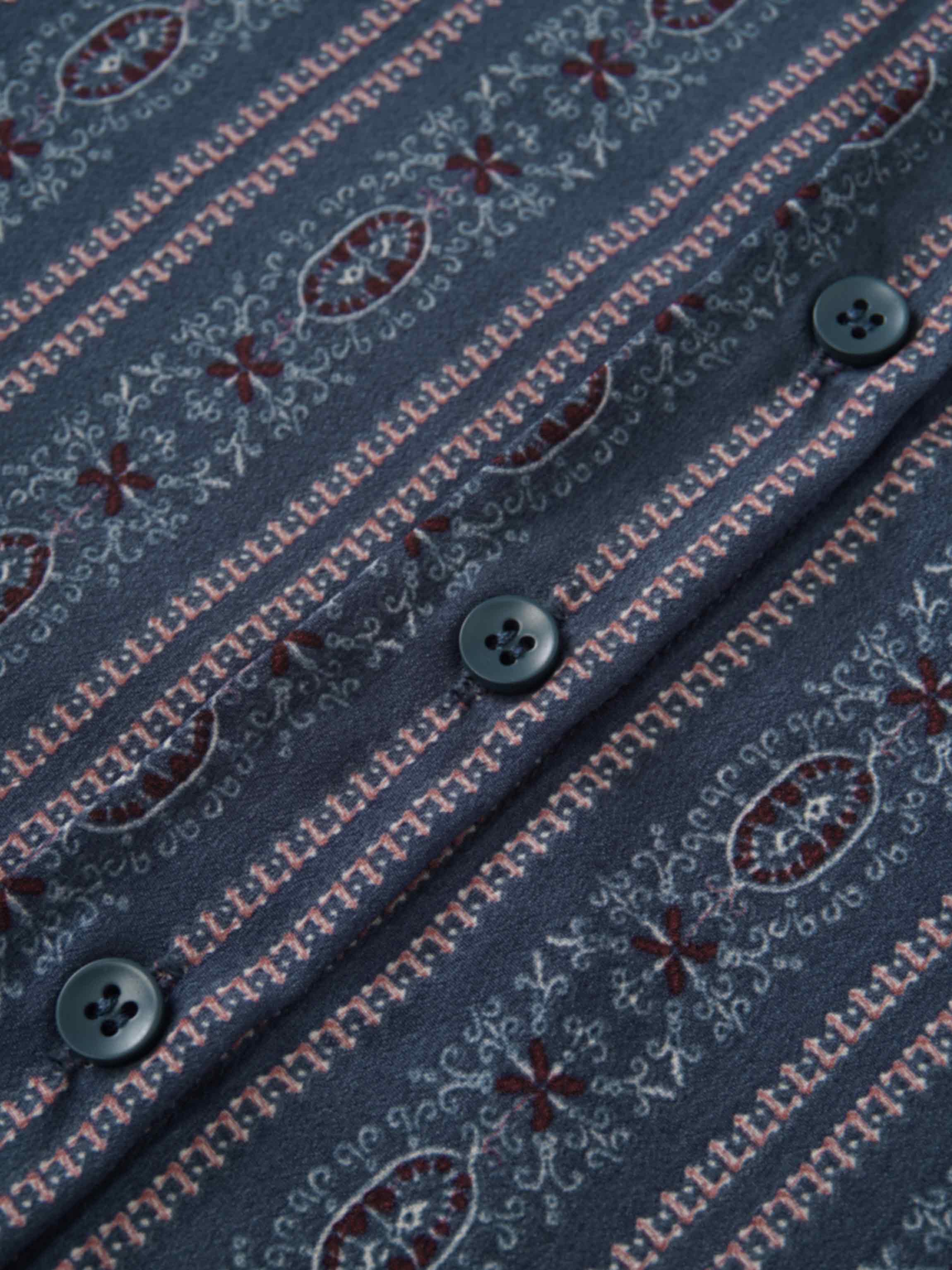 Button Down Blue Striped Medallion Flower Print Blouse for Women-4