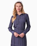 Button Down Blue Striped Medallion Flower Print Blouse for Women-0