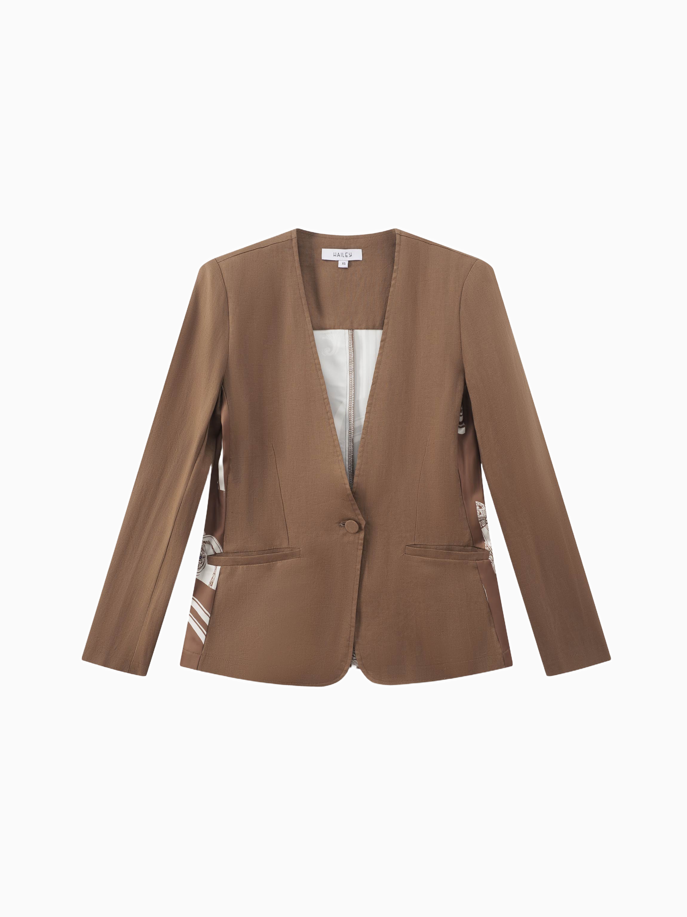 Silky Back Printed Brown Cream Blazer Professional Dressy Top-1