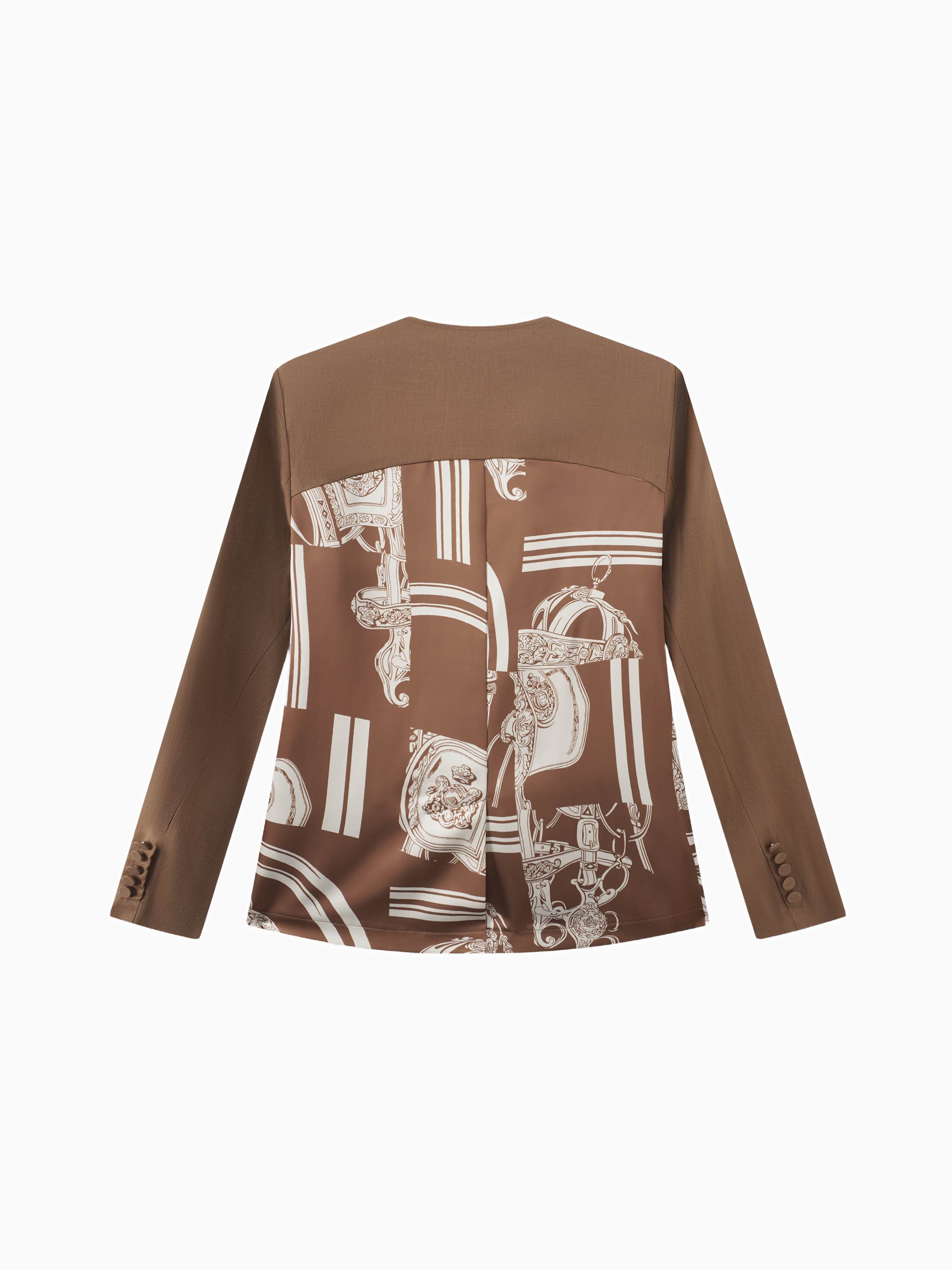 Silky Back Printed Brown Cream Blazer Professional Dressy Top-2