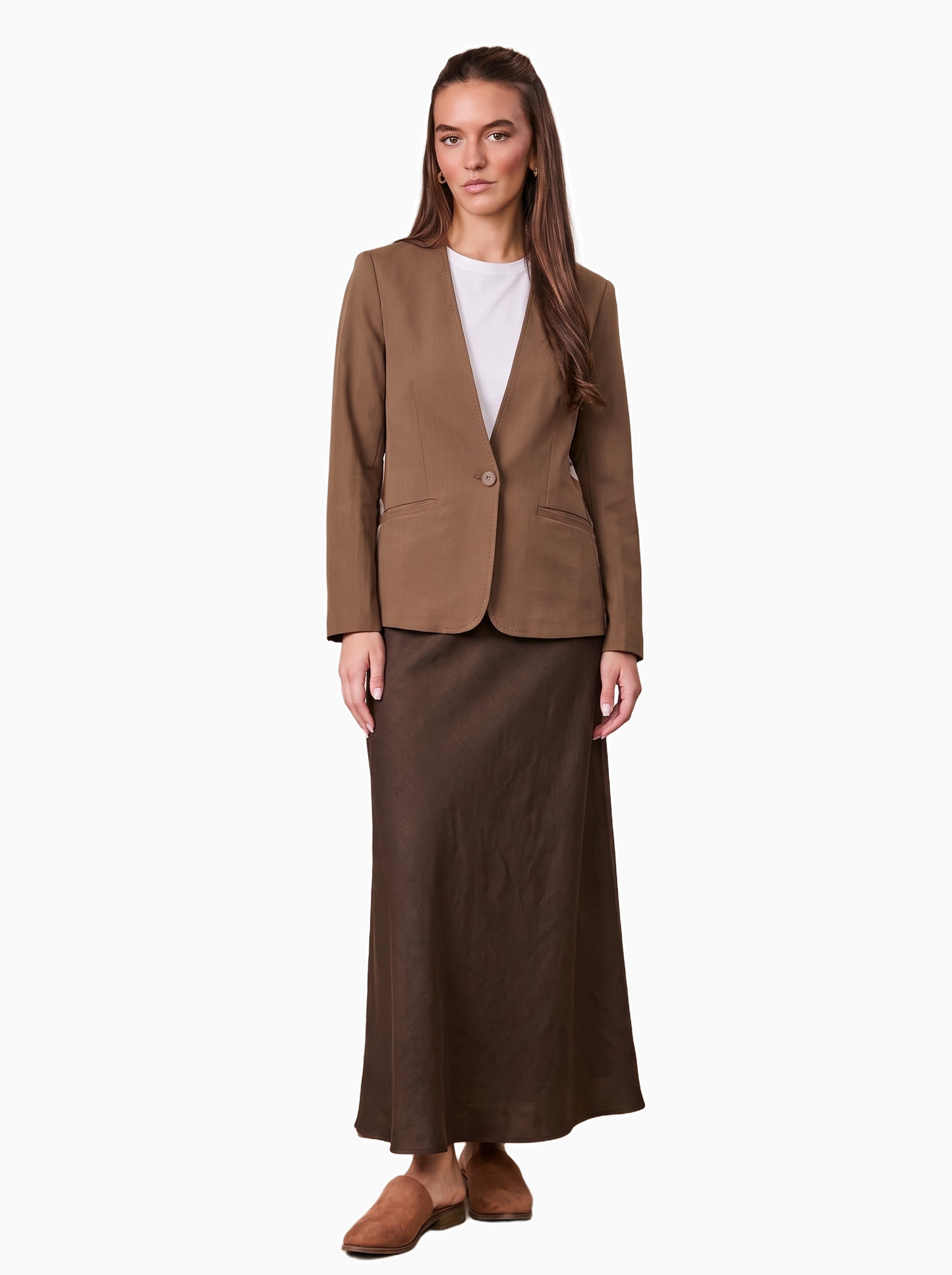 Silky Back Printed Brown Cream Blazer Professional Dressy Top-0