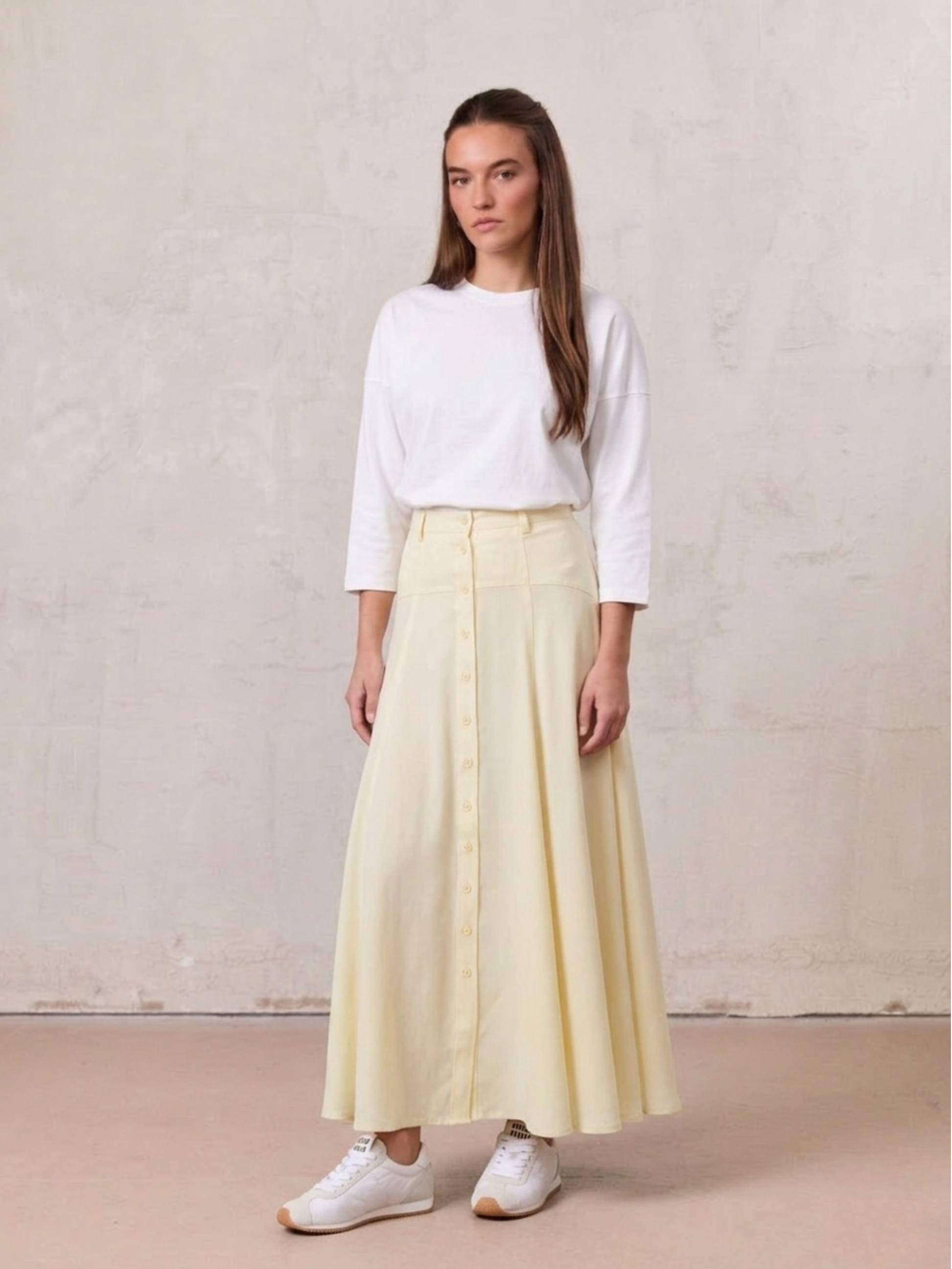 Tencel Yoke Button Down Skirt Butter Yellow Lightweight Casual Skirt-0