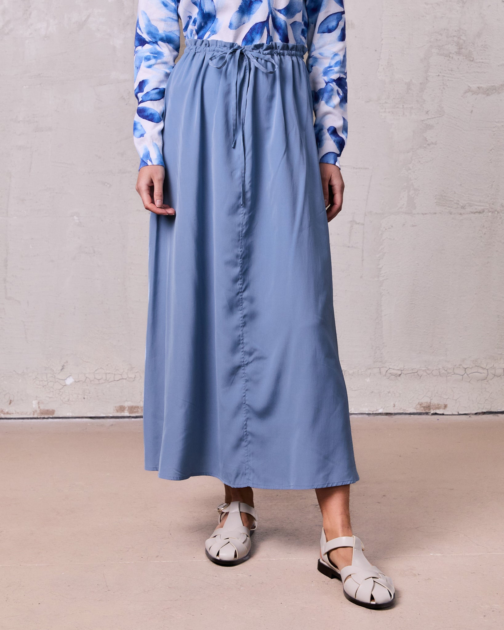 Dusty Blue Drawstring Ruffle Skirt Adjustable Waist Casual Chic-1