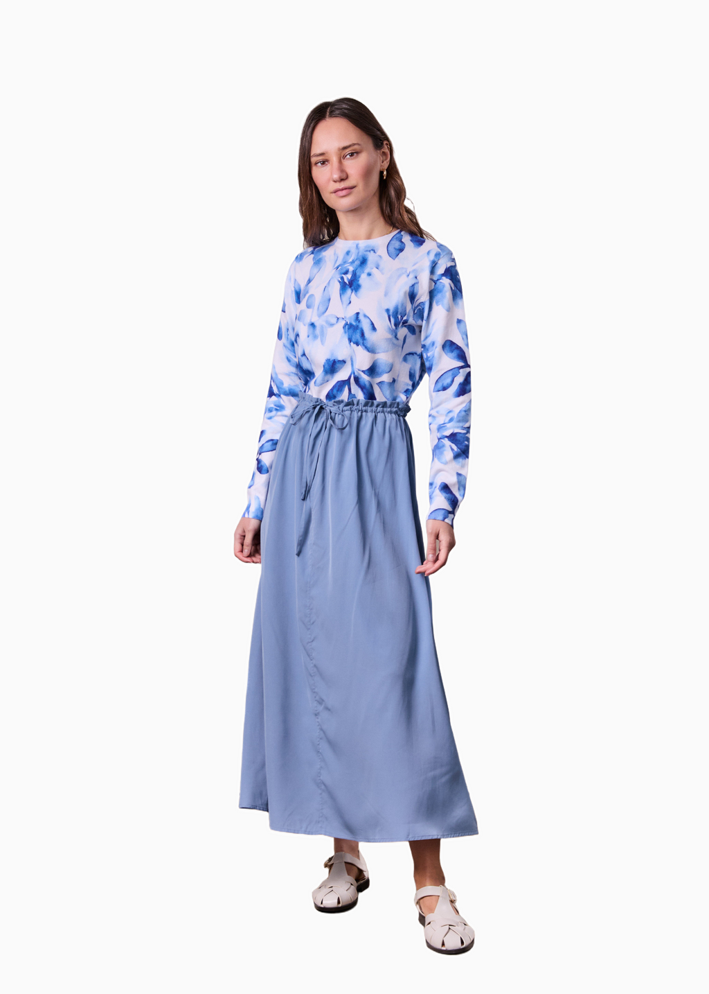 Dusty Blue Drawstring Ruffle Skirt Adjustable Waist Casual Chic-0