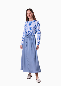 Dusty Blue Drawstring Ruffle Skirt Adjustable Waist Casual Chic-0