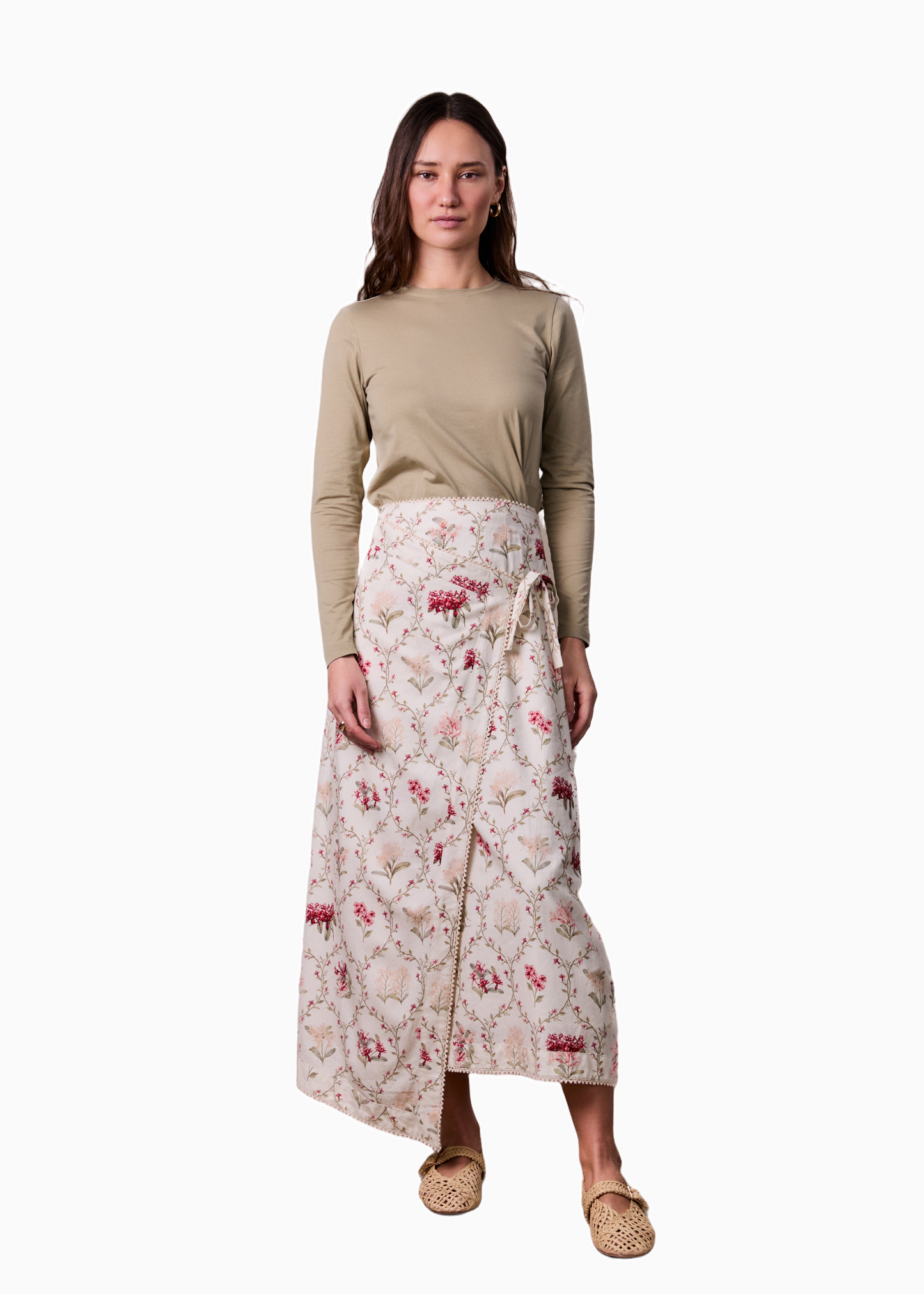 Mock Wrap Skirt with Edged Detail Floral Vines Print Stylish-0