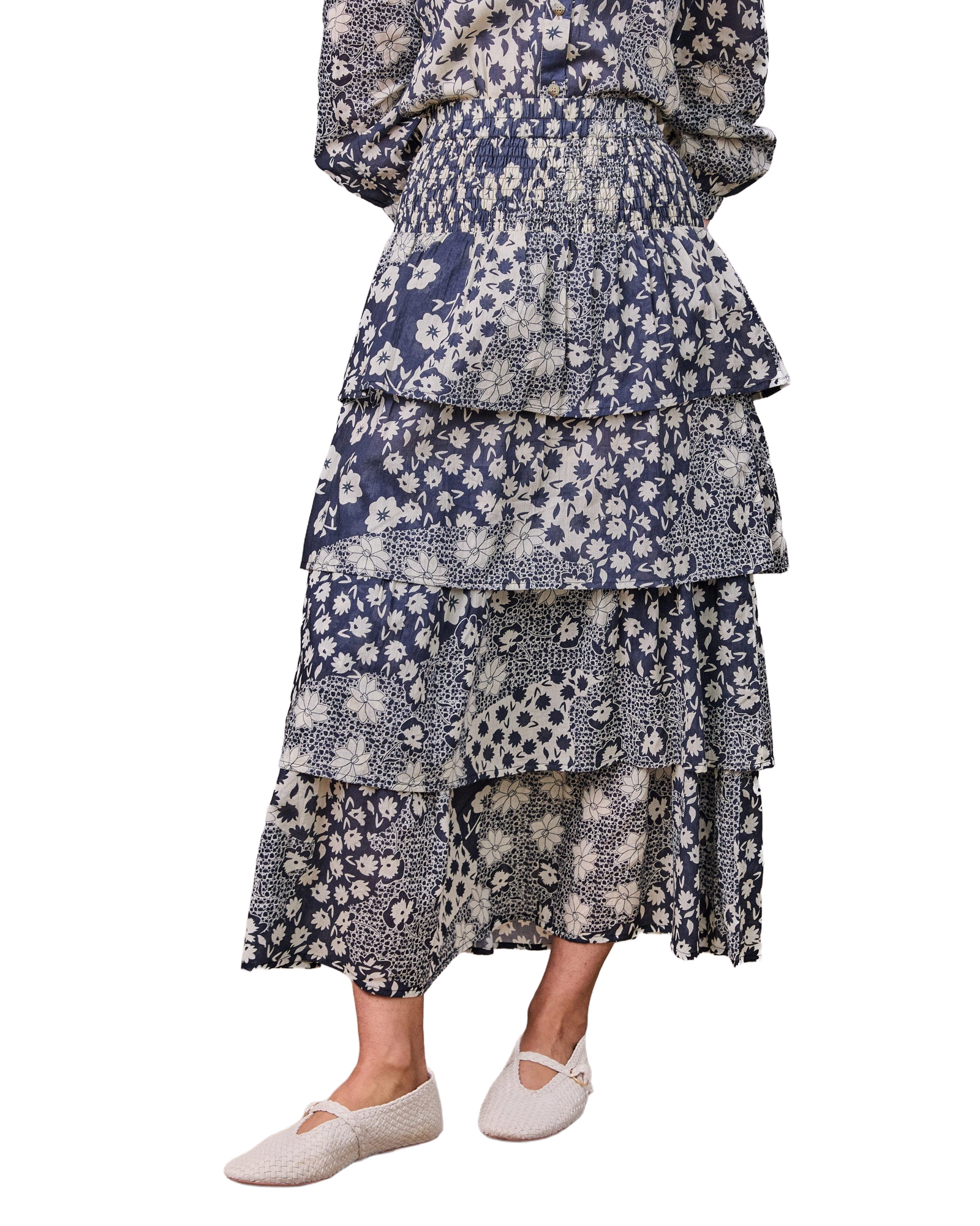 Layered floral skirt with a white background