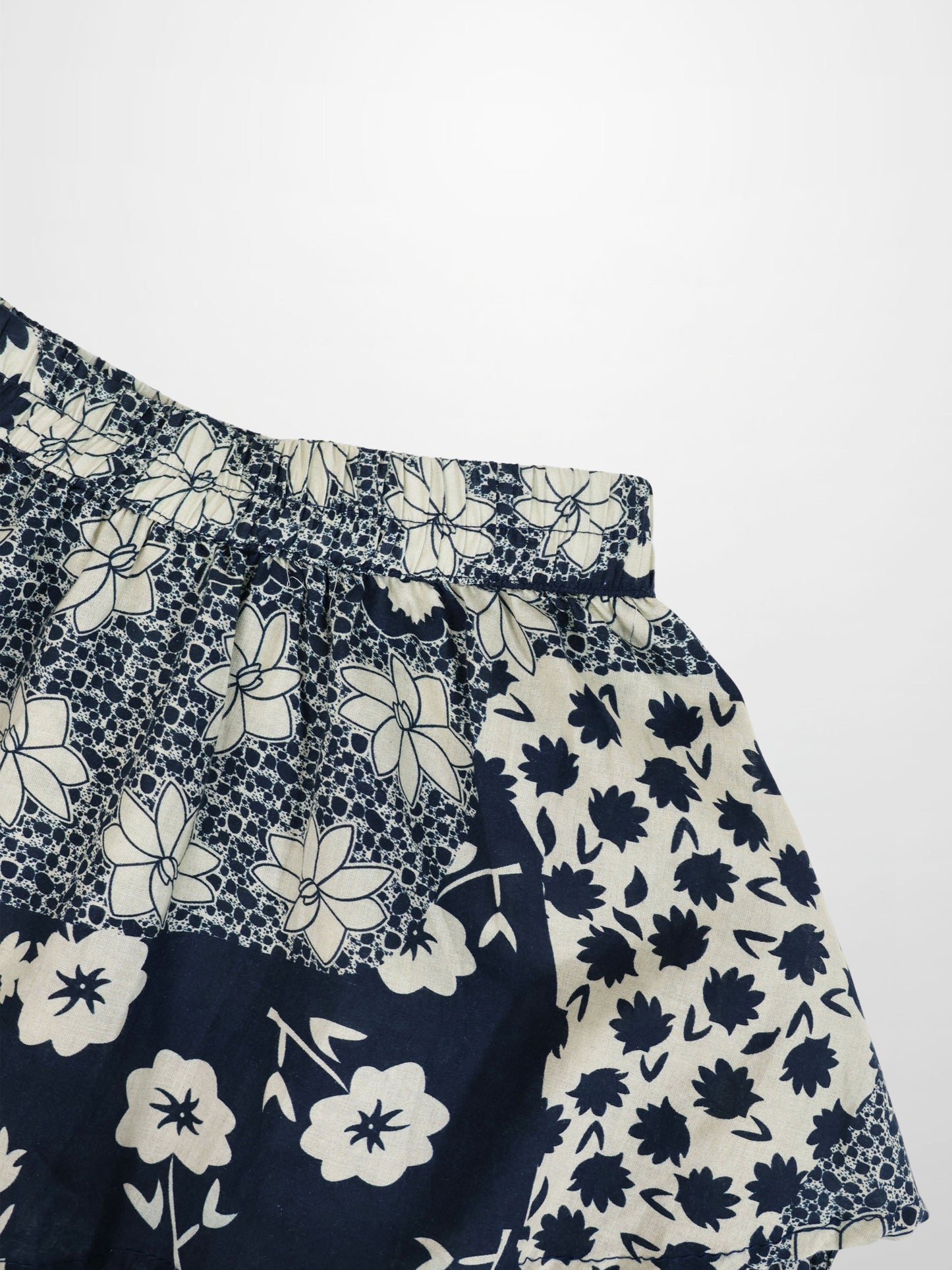 Navy and white floral patterned fabric on a white background