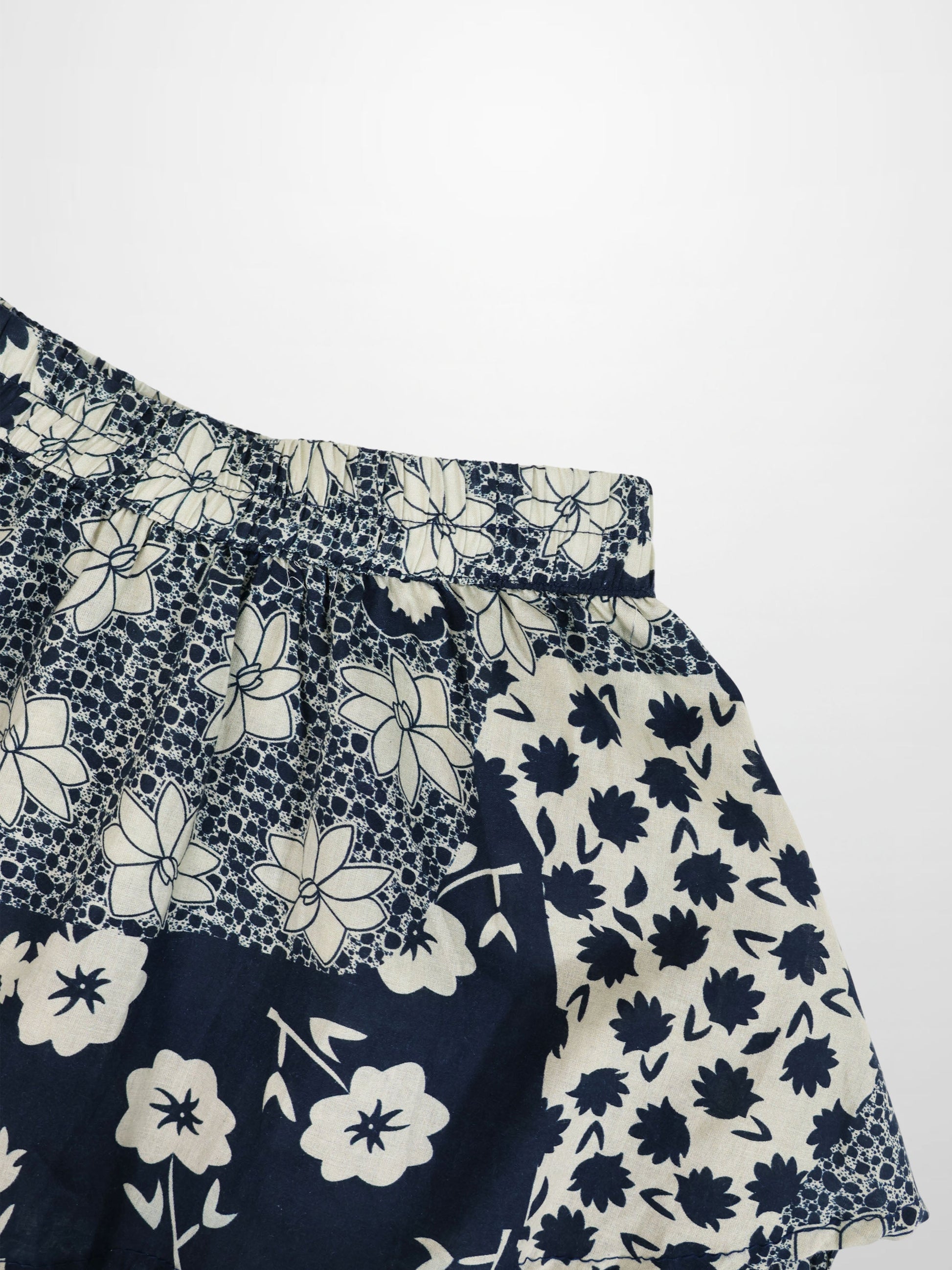 Navy and white floral patterned fabric on a white background