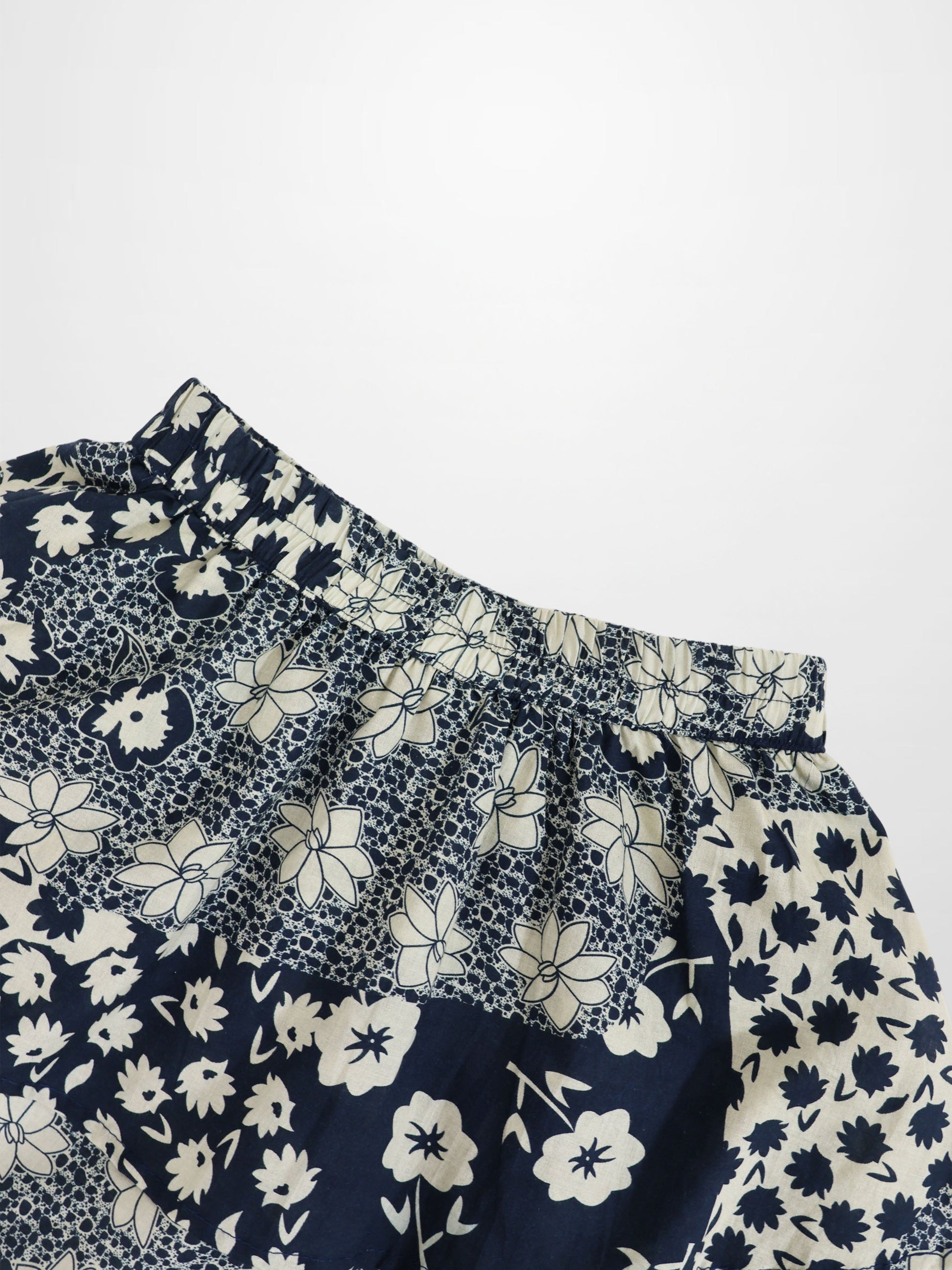 Navy and white floral patterned fabric on a white background