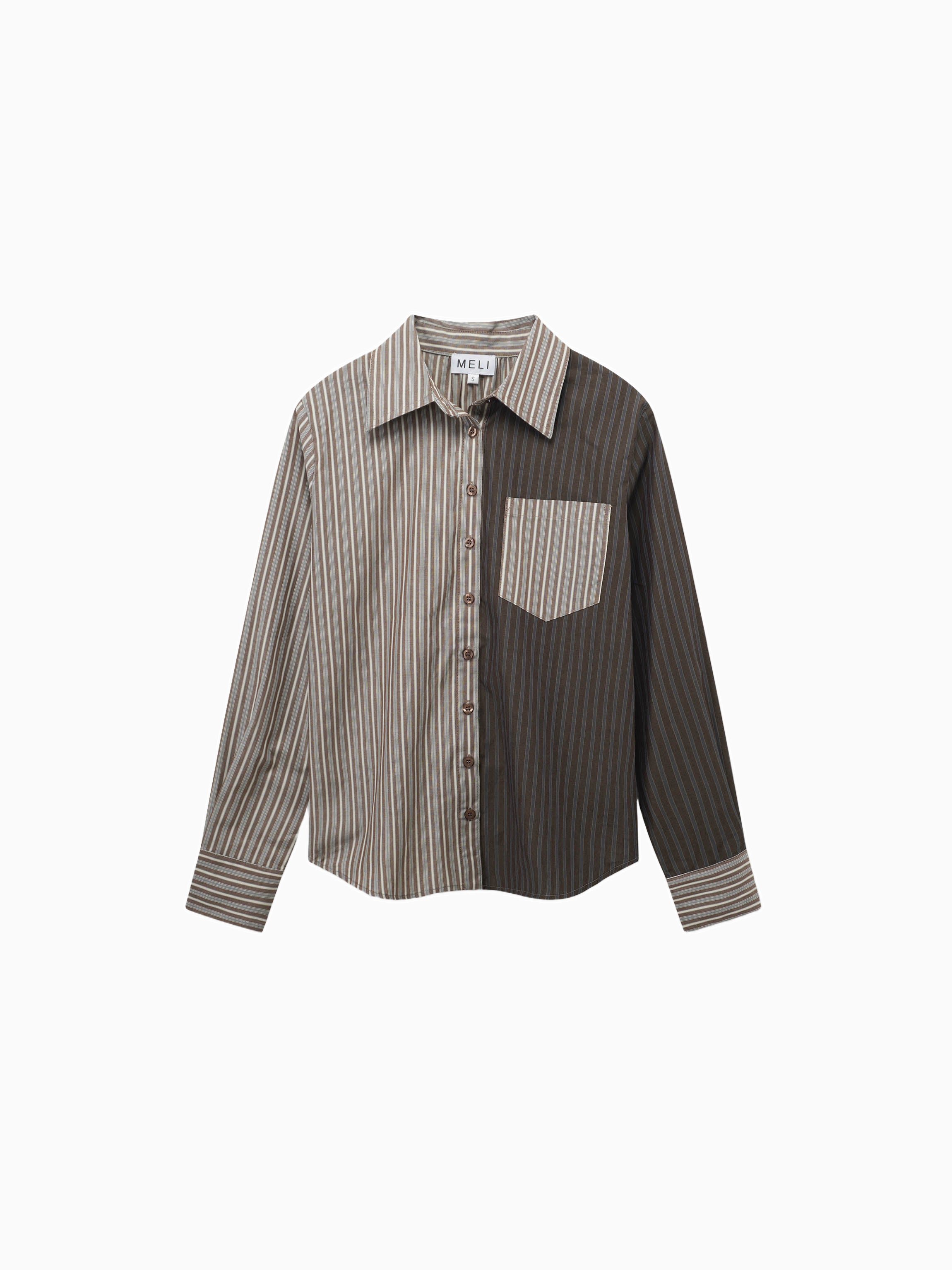 Mix Pinstripe Button Down Shirt Khaki Stripe Tailored Casual Top-1