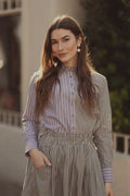 Mix Pinstripe Button Down Shirt Khaki Stripe Tailored Casual Top-0