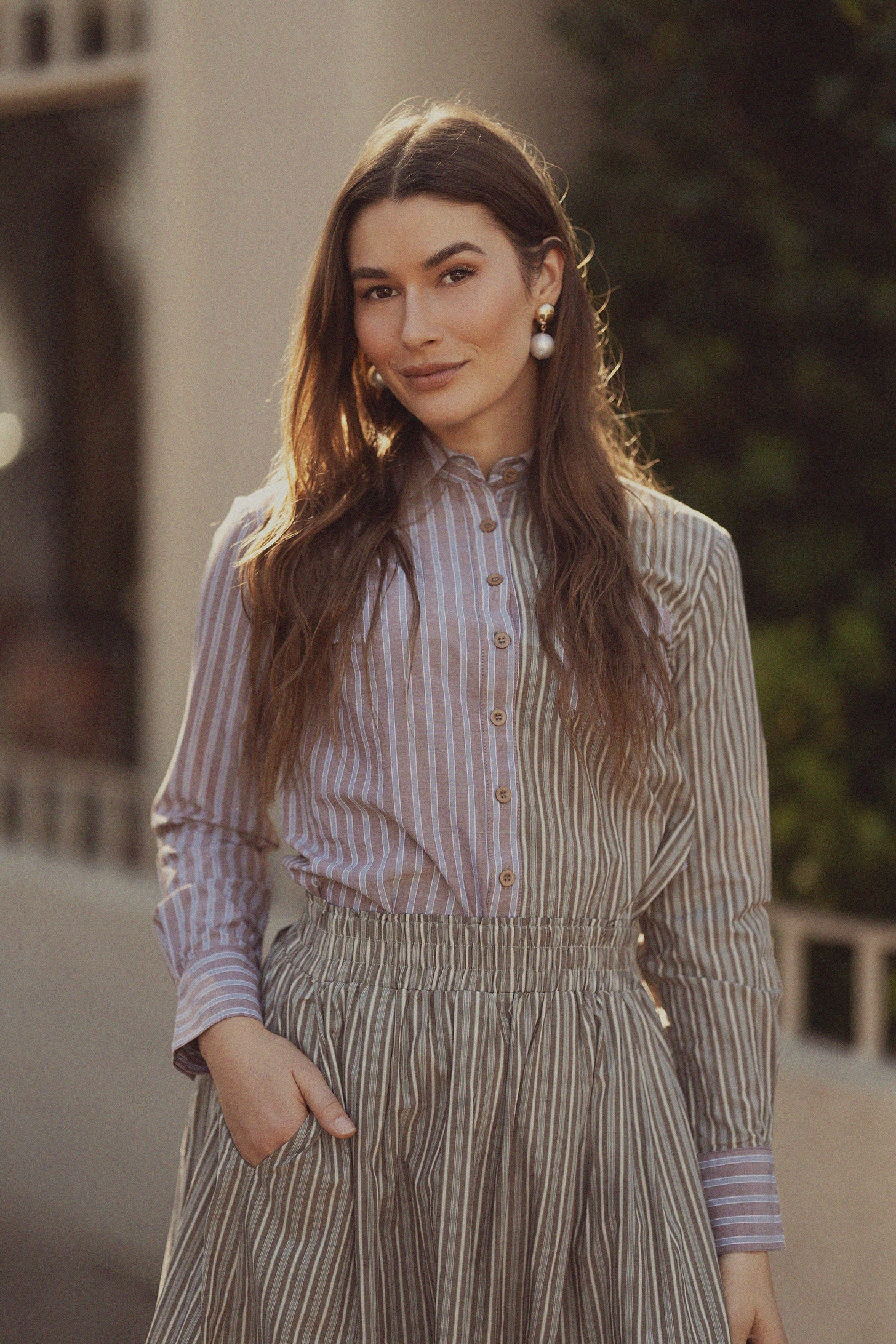 Mix Pinstripe Button Down Shirt Khaki Stripe Tailored Casual Top-0
