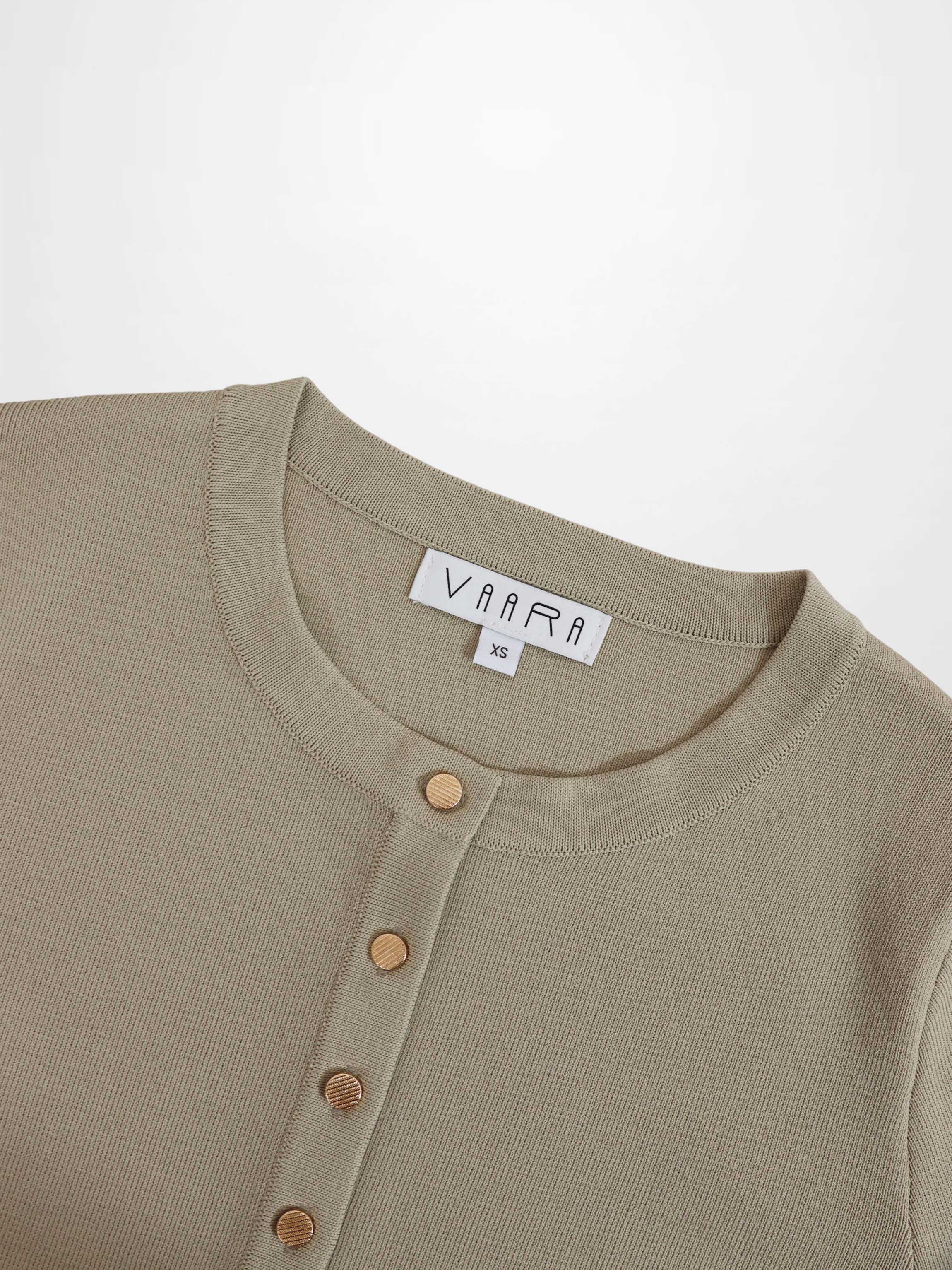 Gold Button Crop Cardigan Latte Cropped Knit Top Elegant Layering Piece-3