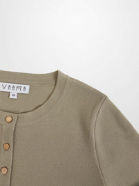 Gold Button Crop Cardigan Latte Cropped Knit Top Elegant Layering Piece-4