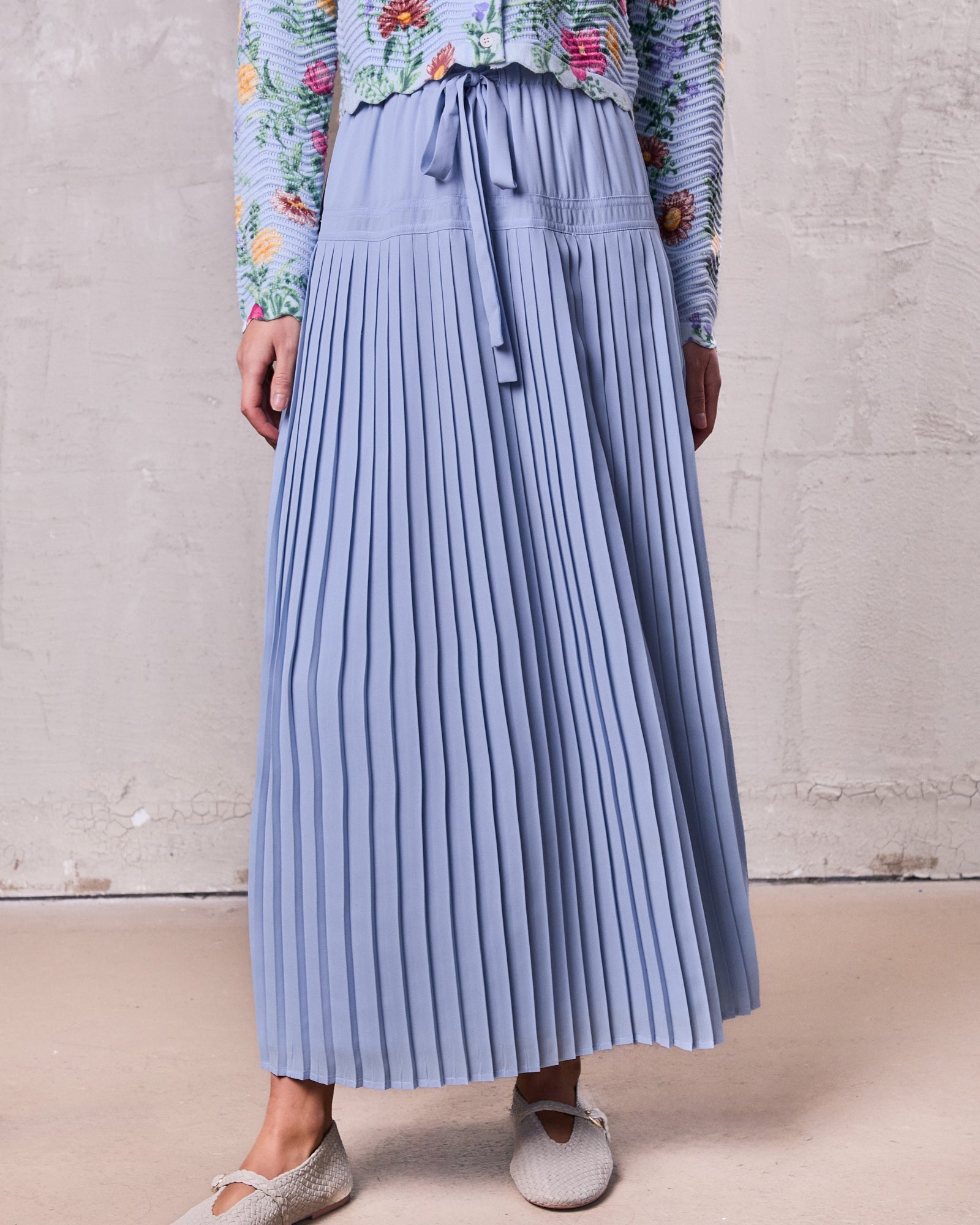 Light Blue Chiffon Drop Waist Pleated Skirt Casual Elegant Feminine-2