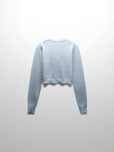 Light Blue Cropped Crew Neck Cardigan with Scalloped Trim-1