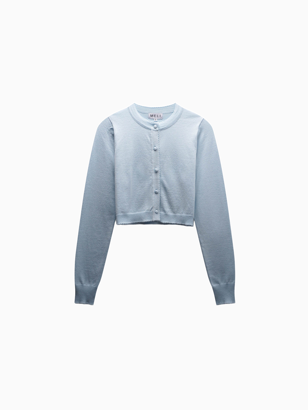 Light Blue Cropped Crew Neck Cardigan with Scalloped Trim-0