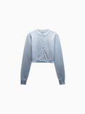 Light Blue Cropped Crew Neck Cardigan with Scalloped Trim-0