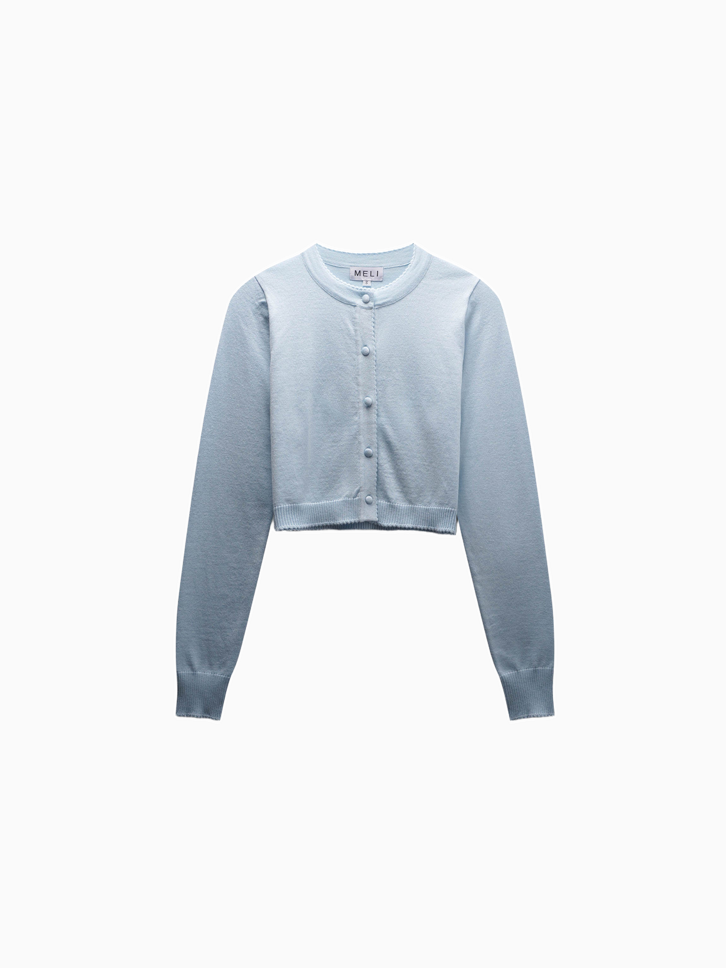 Light Blue Cropped Crew Neck Cardigan with Scalloped Trim-0