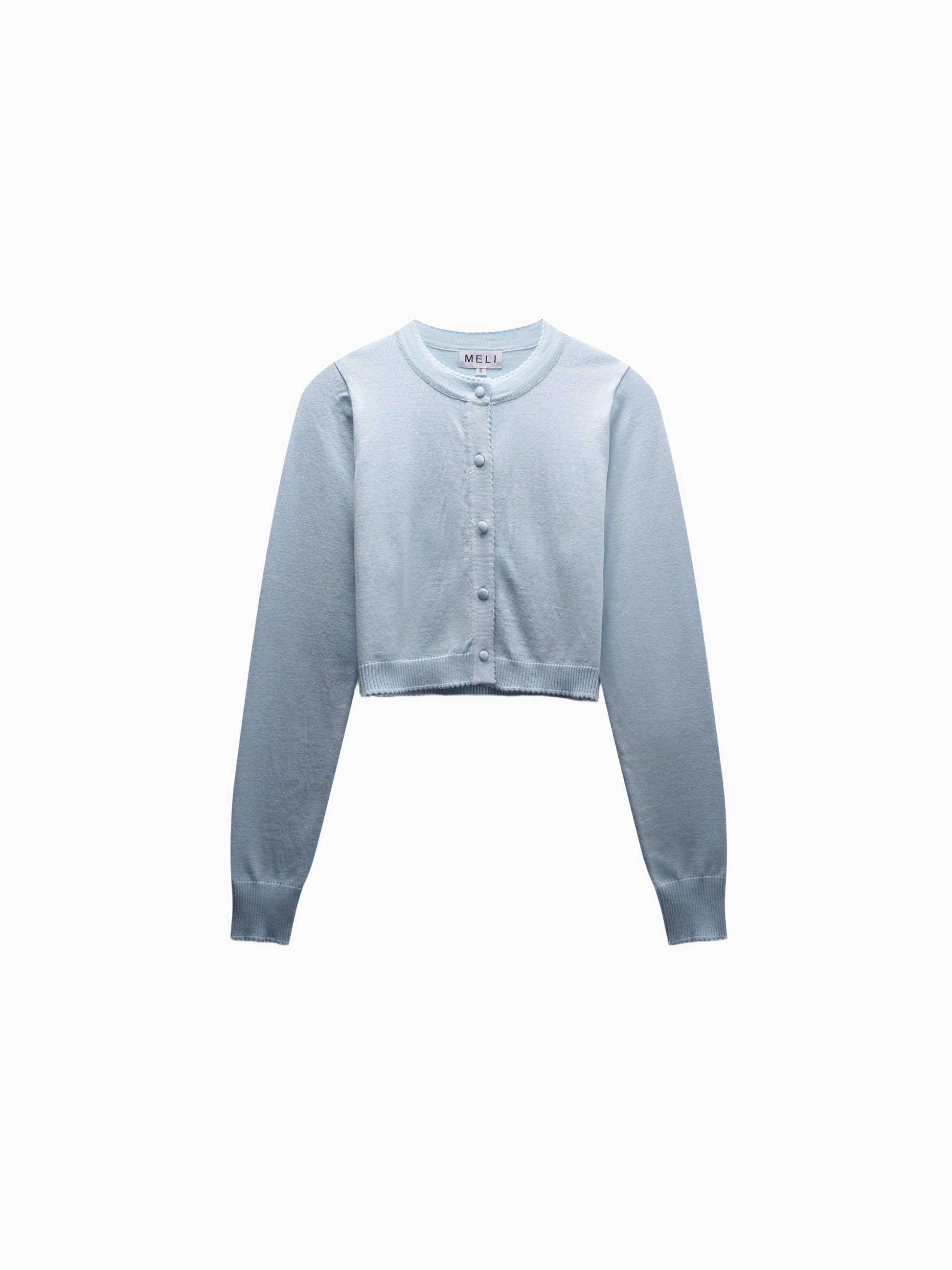 Light Blue Cropped Crew Neck Cardigan with Scalloped Trim-0