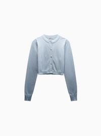 Light Blue Cropped Crew Neck Cardigan with Scalloped Trim-0