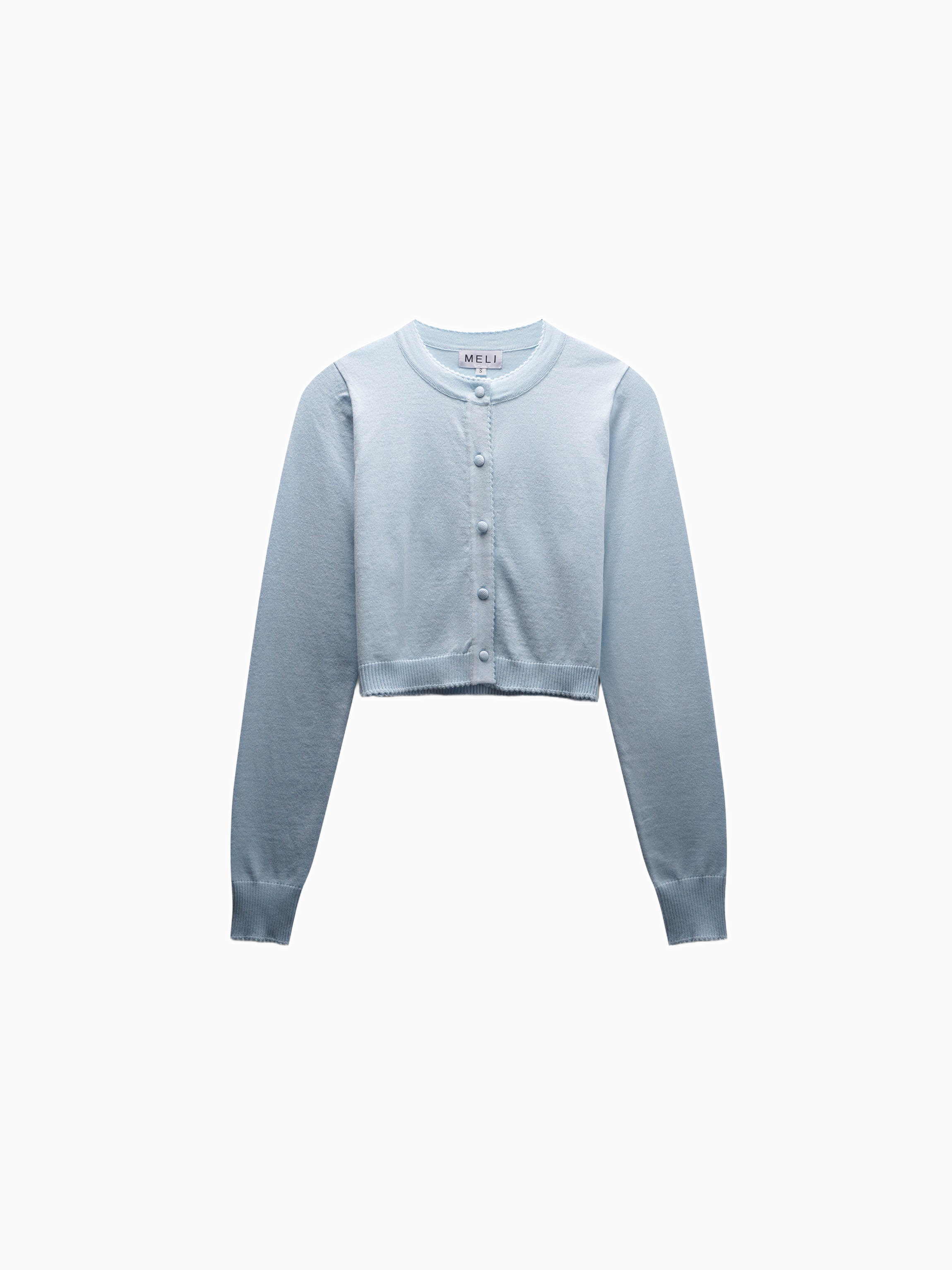 Light Blue Cropped Crew Neck Cardigan with Scalloped Trim-0