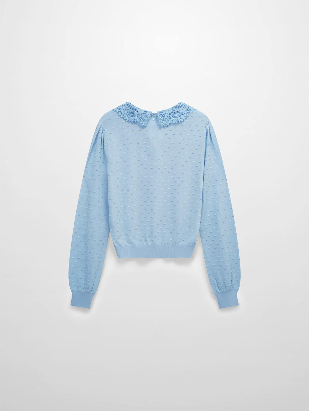 Crew Neck Light Blue Pebbled Sweater with Lace Collar Elegant Knit Top-1