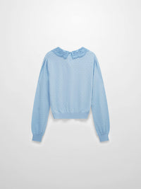Crew Neck Light Blue Pebbled Sweater with Lace Collar Elegant Knit Top-1
