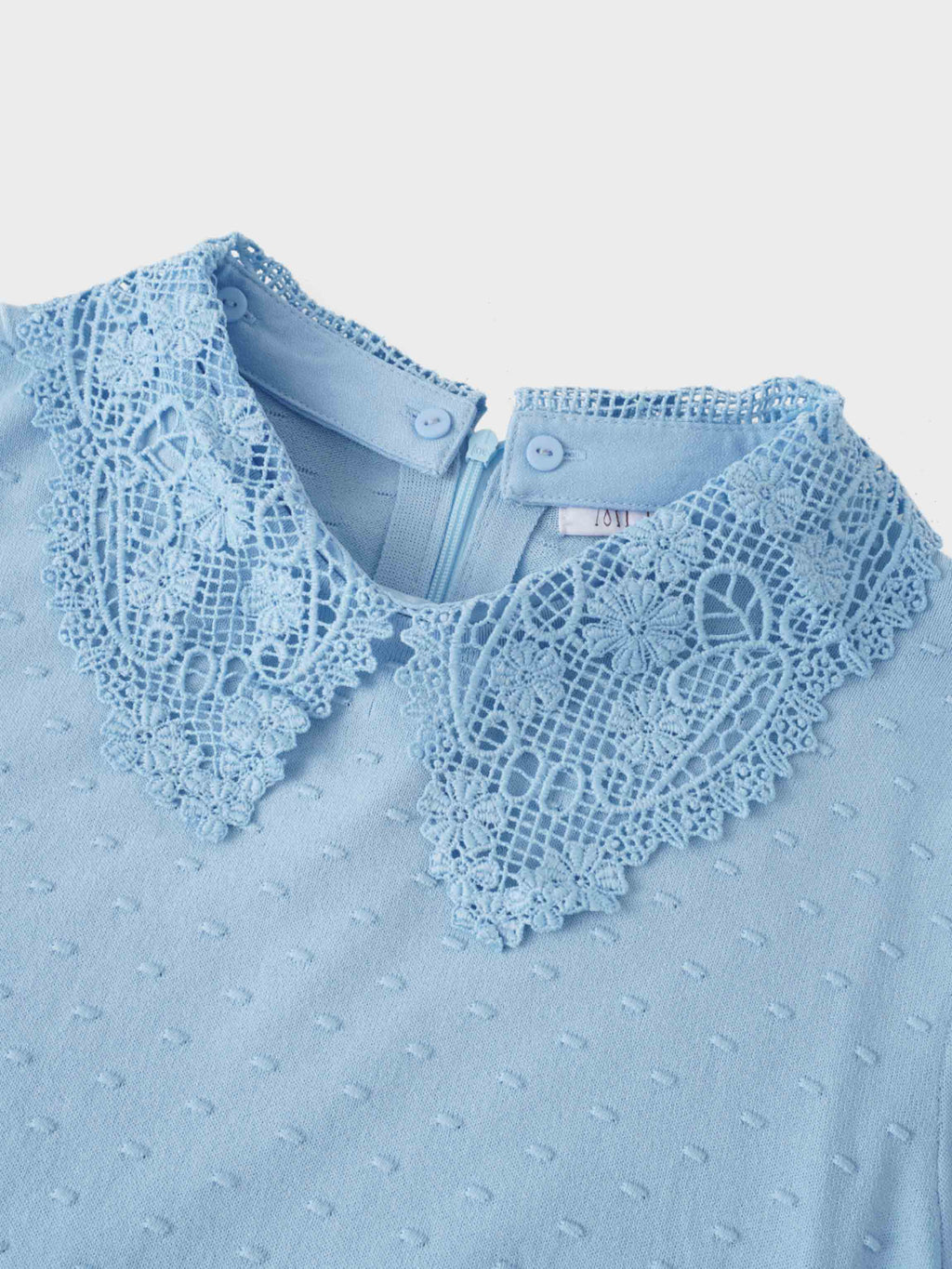 Crew Neck Light Blue Pebbled Sweater with Lace Collar Elegant Knit Top-2
