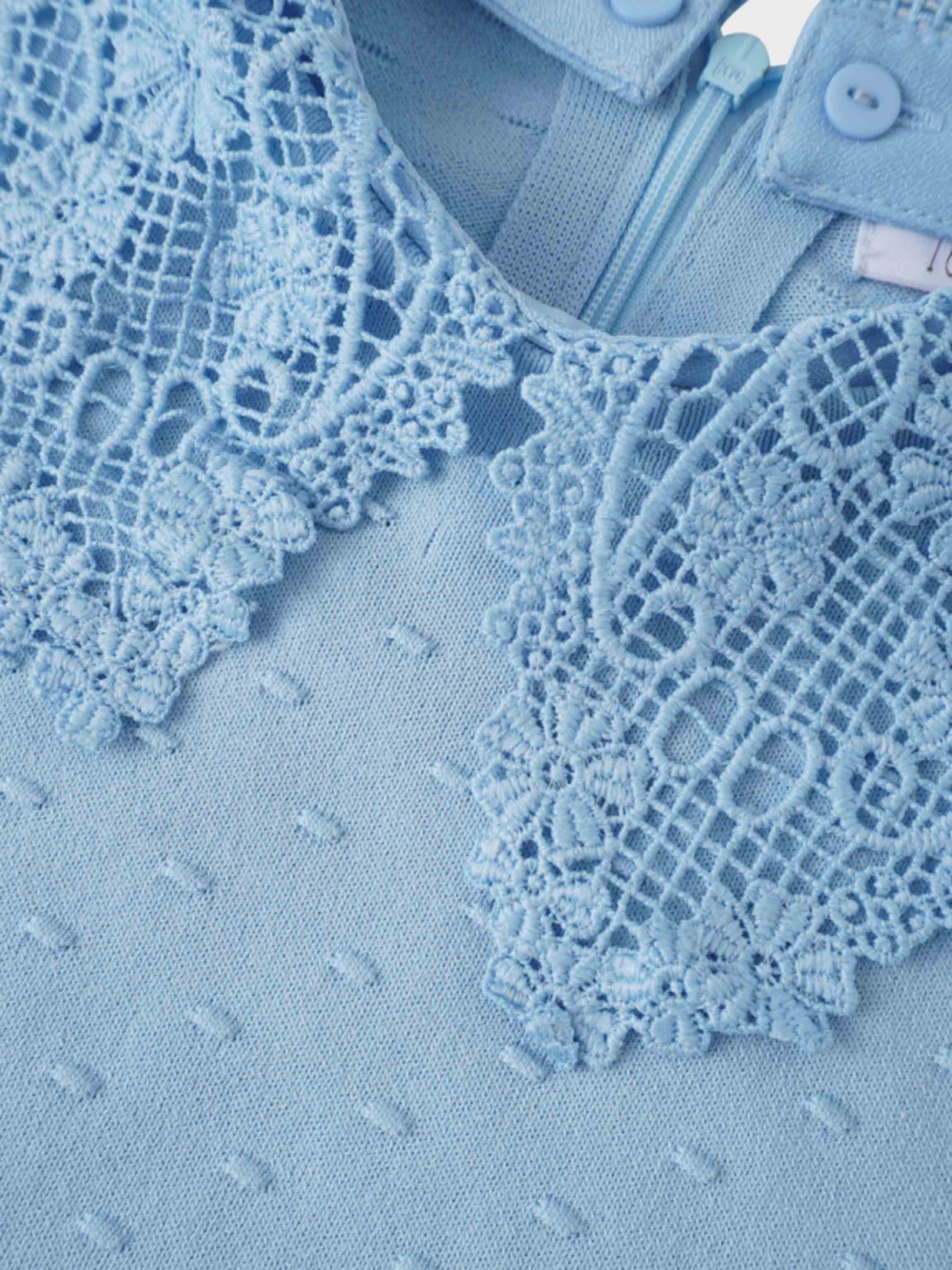 Crew Neck Light Blue Pebbled Sweater with Lace Collar Elegant Knit Top-3