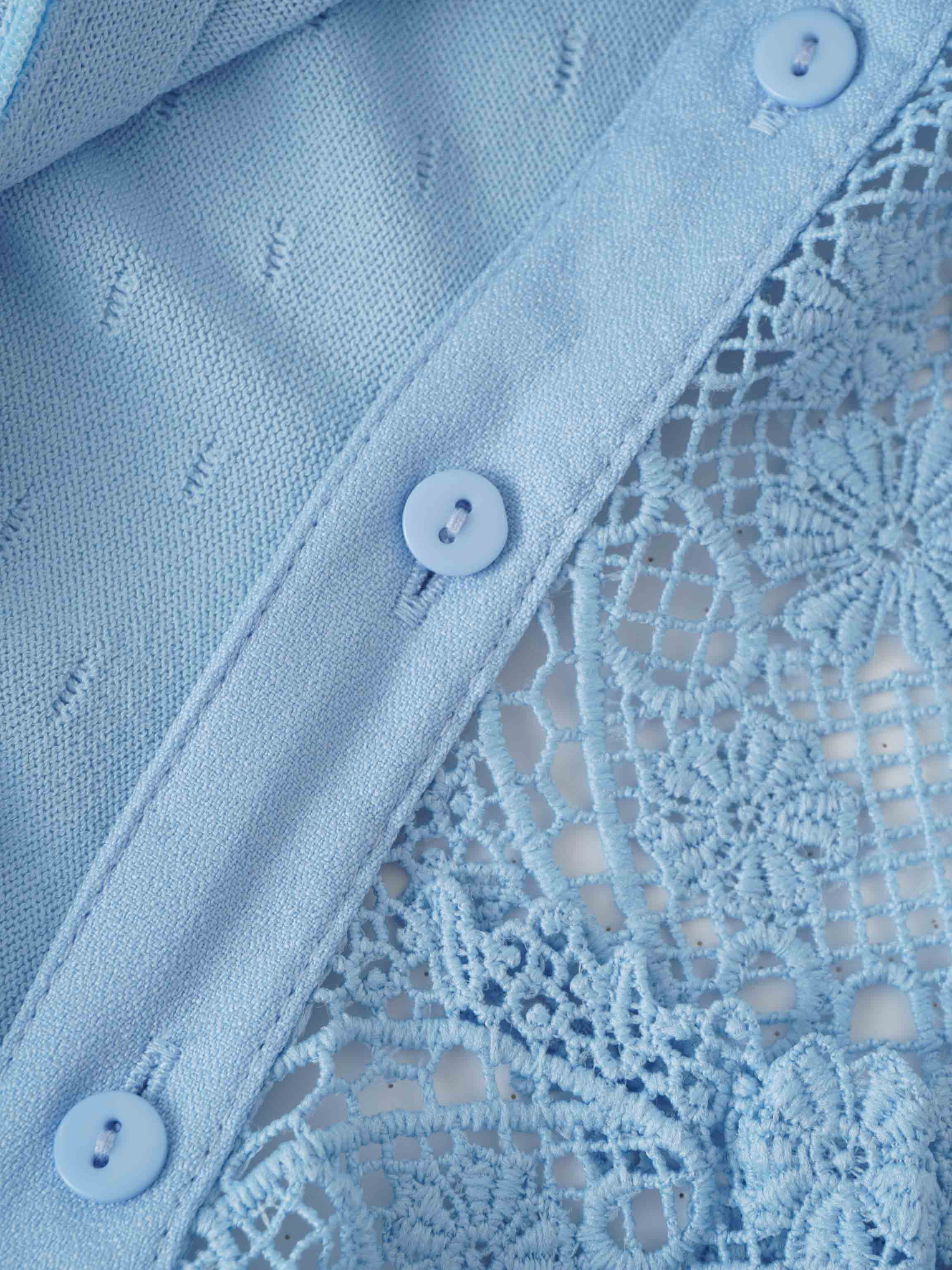 Crew Neck Light Blue Pebbled Sweater with Lace Collar Elegant Knit Top-4