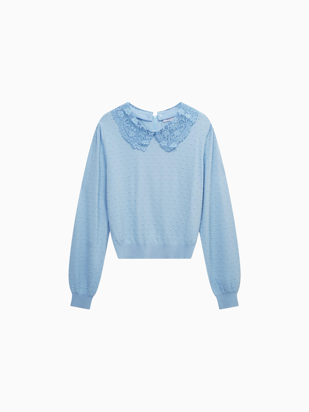 Crew Neck Light Blue Pebbled Sweater with Lace Collar Elegant Knit Top-0