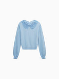 Crew Neck Light Blue Pebbled Sweater with Lace Collar Elegant Knit Top-0