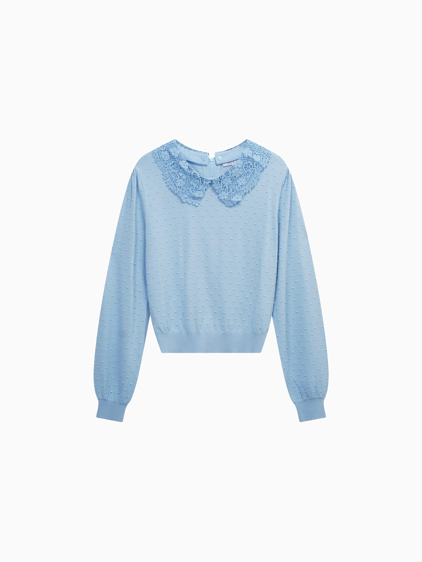 Crew Neck Light Blue Pebbled Sweater with Lace Collar Elegant Knit Top-0