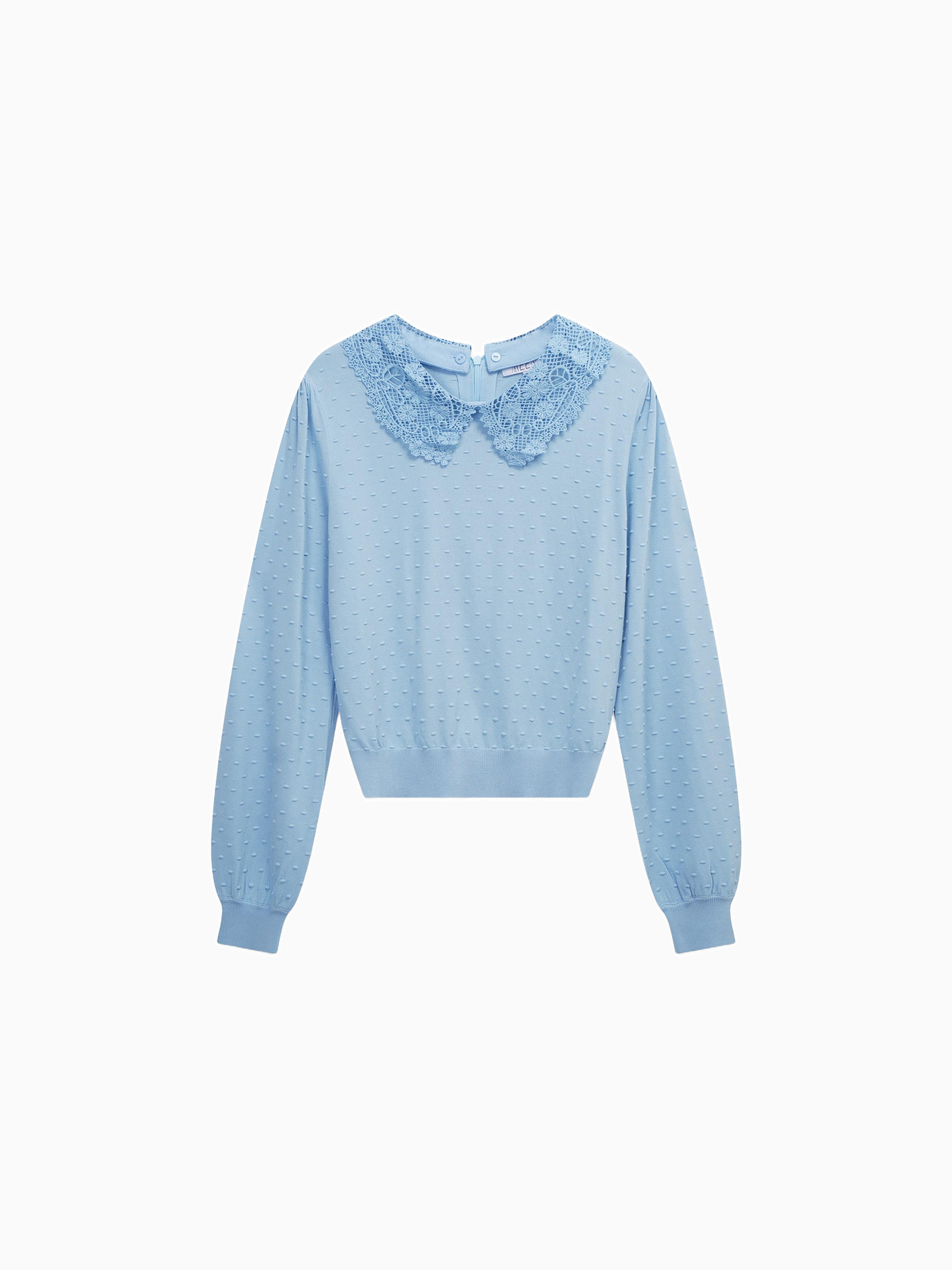Crew Neck Light Blue Pebbled Sweater with Lace Collar Elegant Knit Top-0