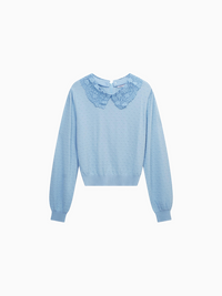 Crew Neck Light Blue Pebbled Sweater with Lace Collar Elegant Knit Top-0