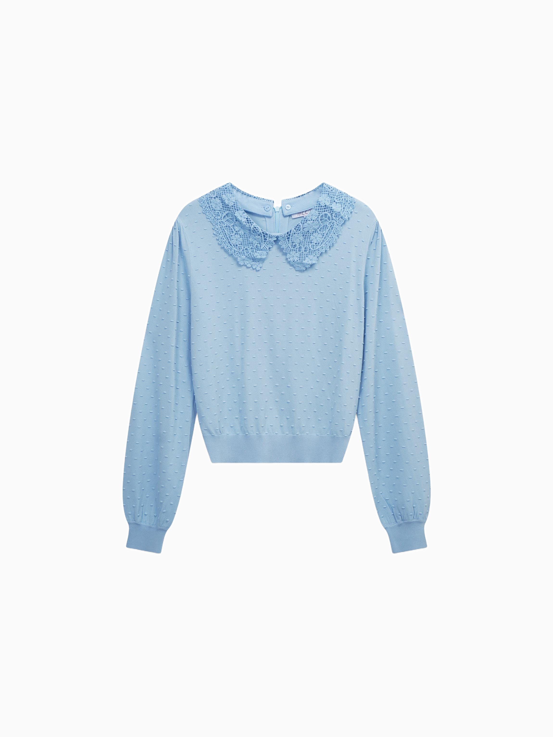 Crew Neck Light Blue Pebbled Sweater with Lace Collar Elegant Knit Top-0