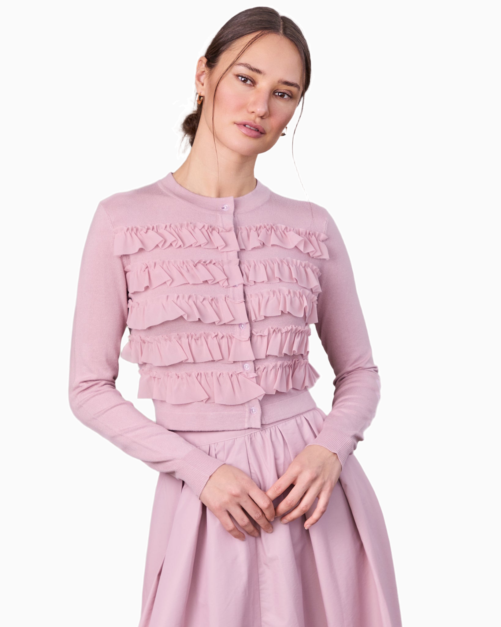 Ruffle Design Cardigan Mauve Elegant Layering Top for Women-0