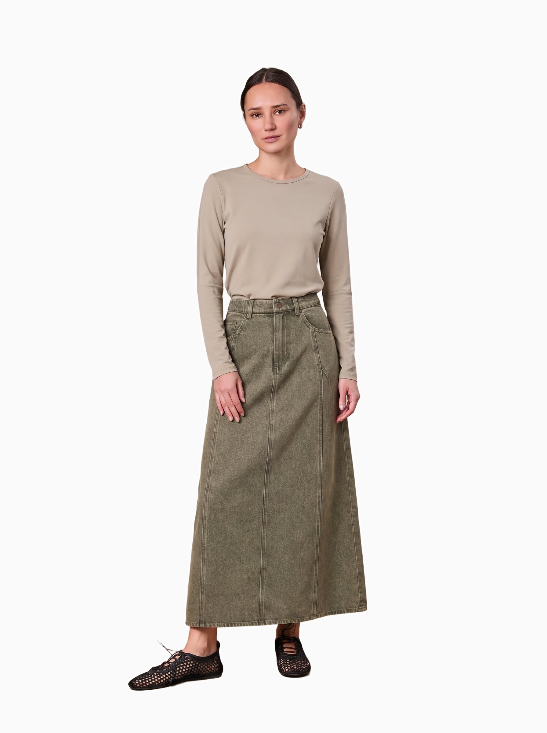 Crew Ribbed Dolman Sleeve Tee Muted Olive Loose Fit Casual Top-0