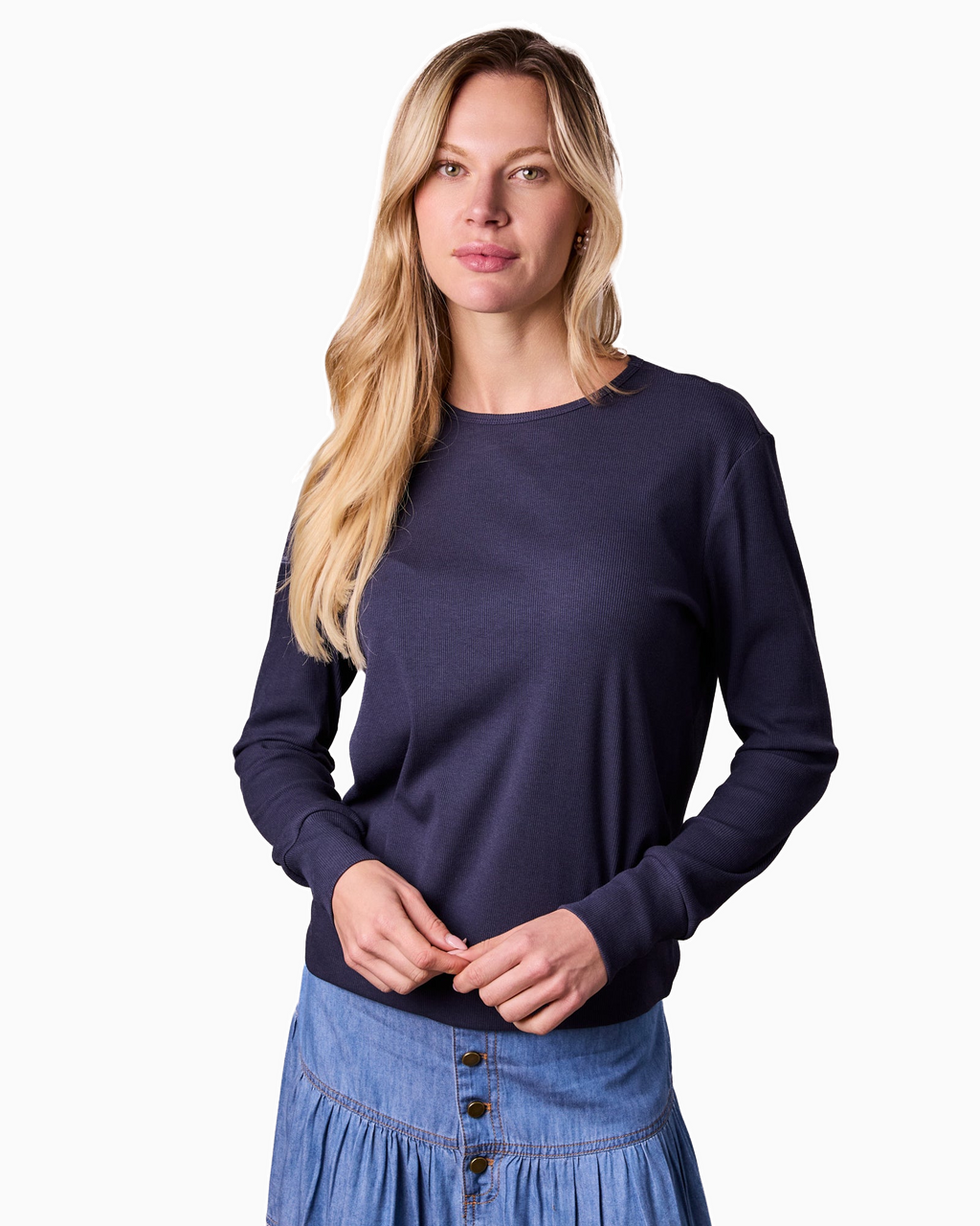 Crew Ribbed Dolman Tee Navy Comfortable Flattering Casual Top-0