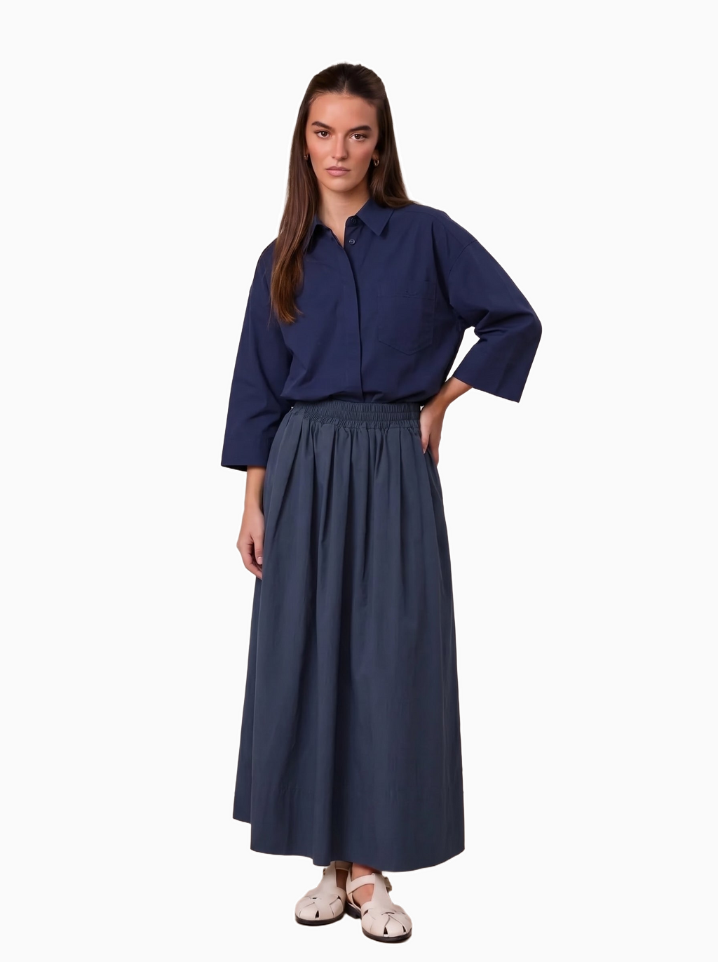 Elastic Waist Gathered Skirt Navy Casual Summer Comfortable Basic-0
