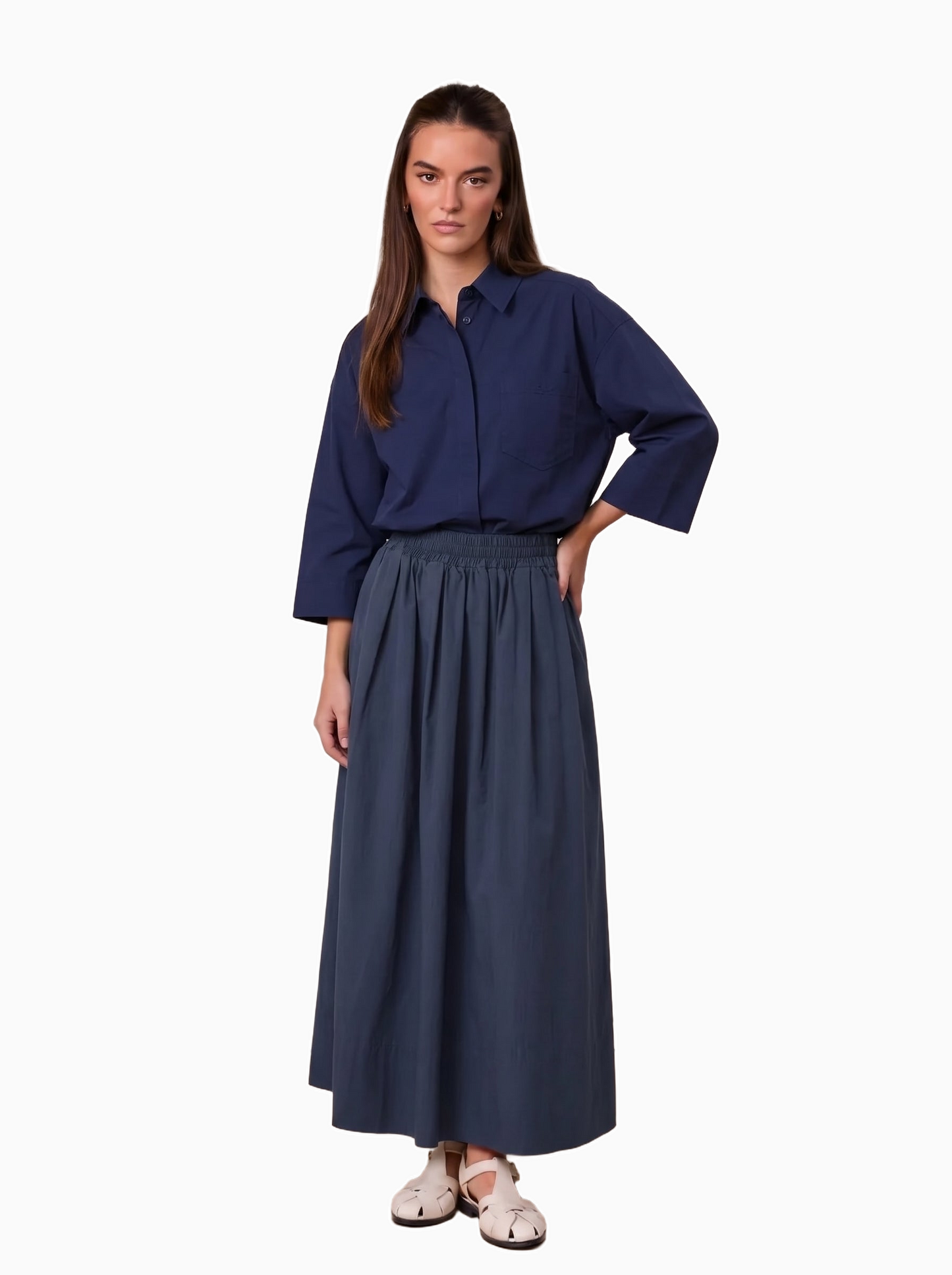 Elastic Waist Gathered Skirt Navy Casual Summer Comfortable Basic-0
