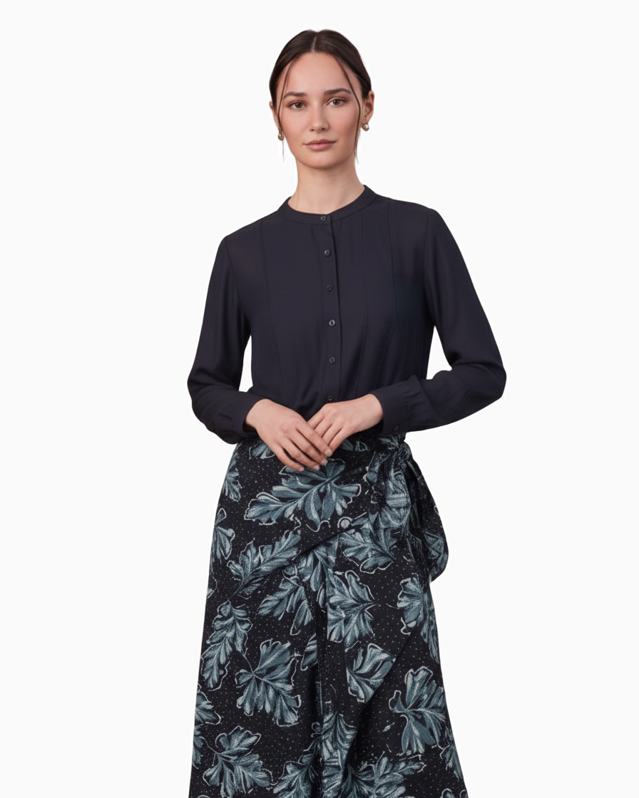 High V Neck Blouse Navy Elegant Office Top Versatile Dressy SS26 New Arrival-0