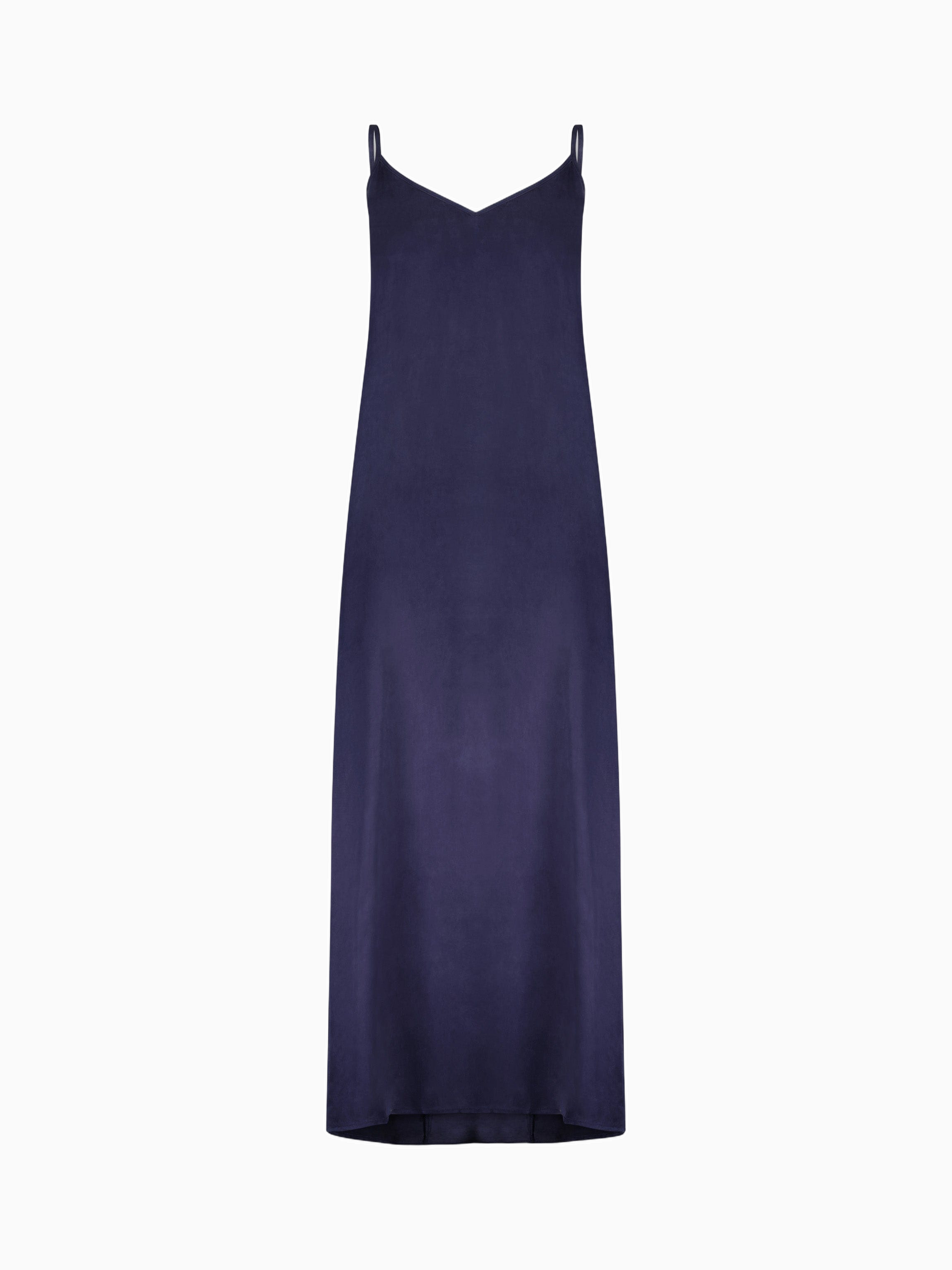 Navy blue slip dress on a white background