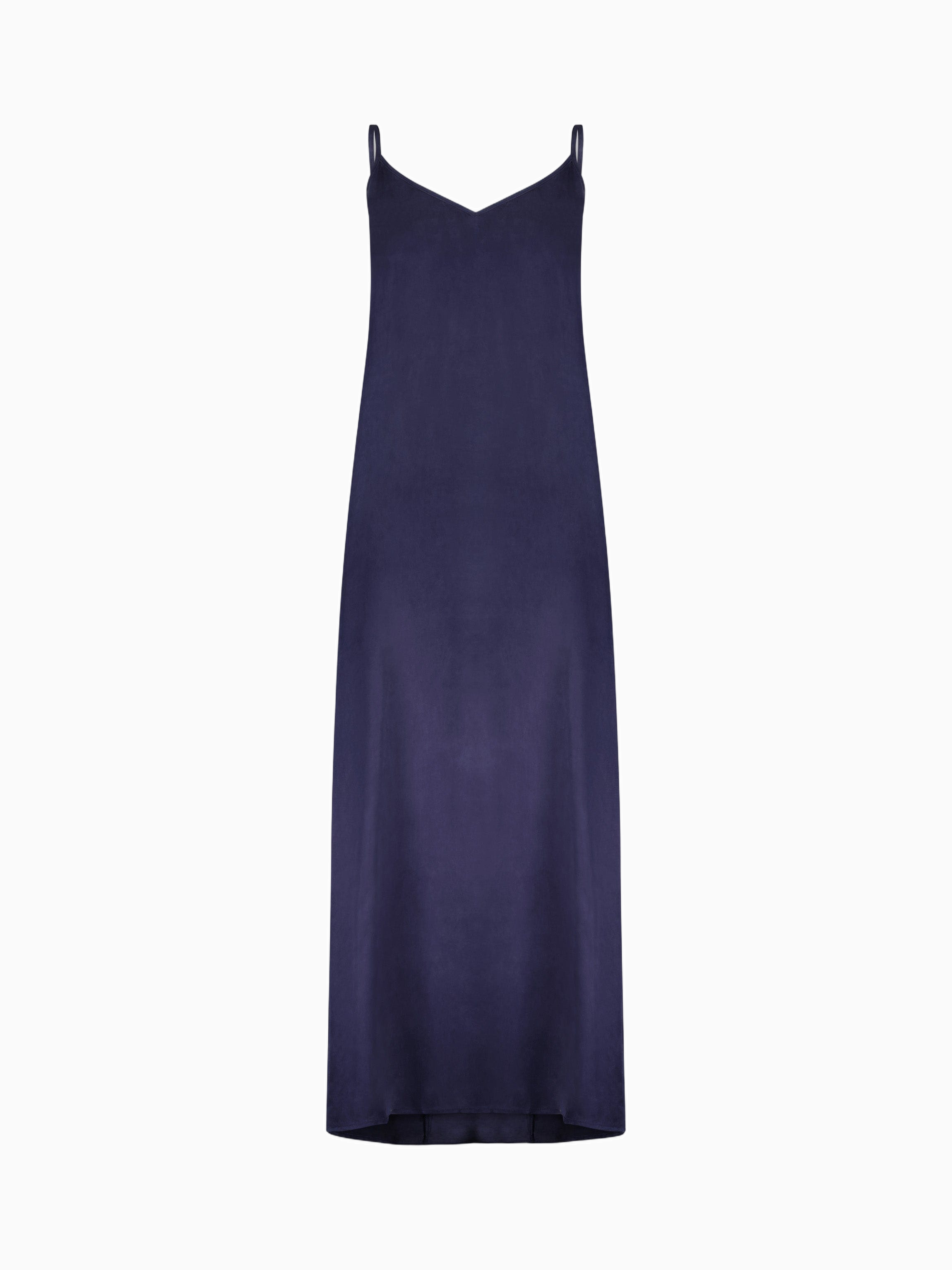 Navy blue slip dress on a white background