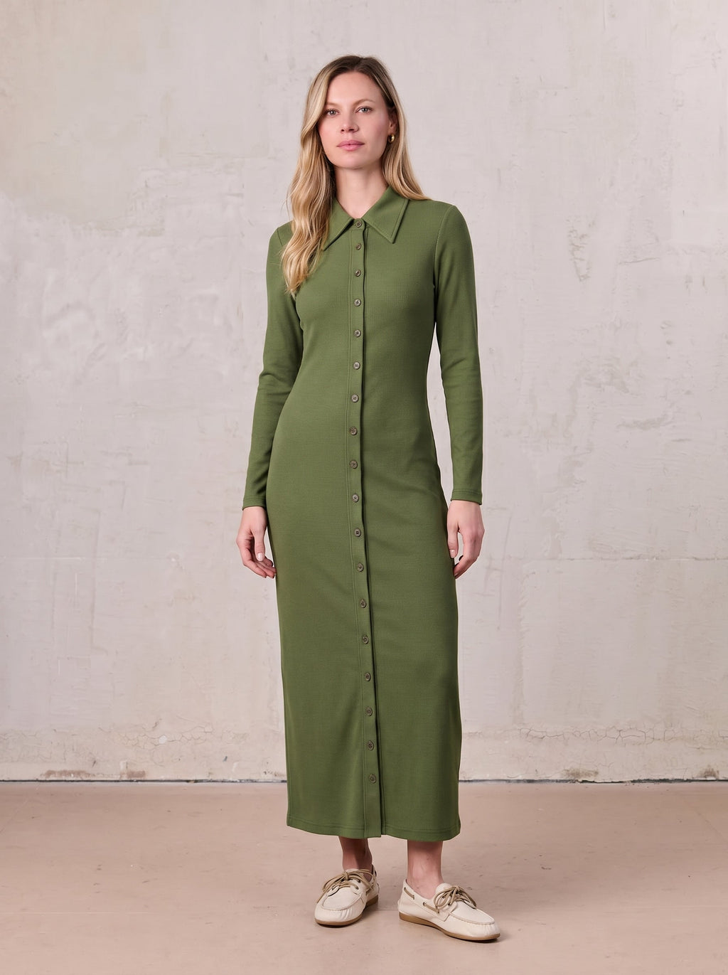 Olive Button Down Ribbed Maxi Dress Comfortable Casual Wear